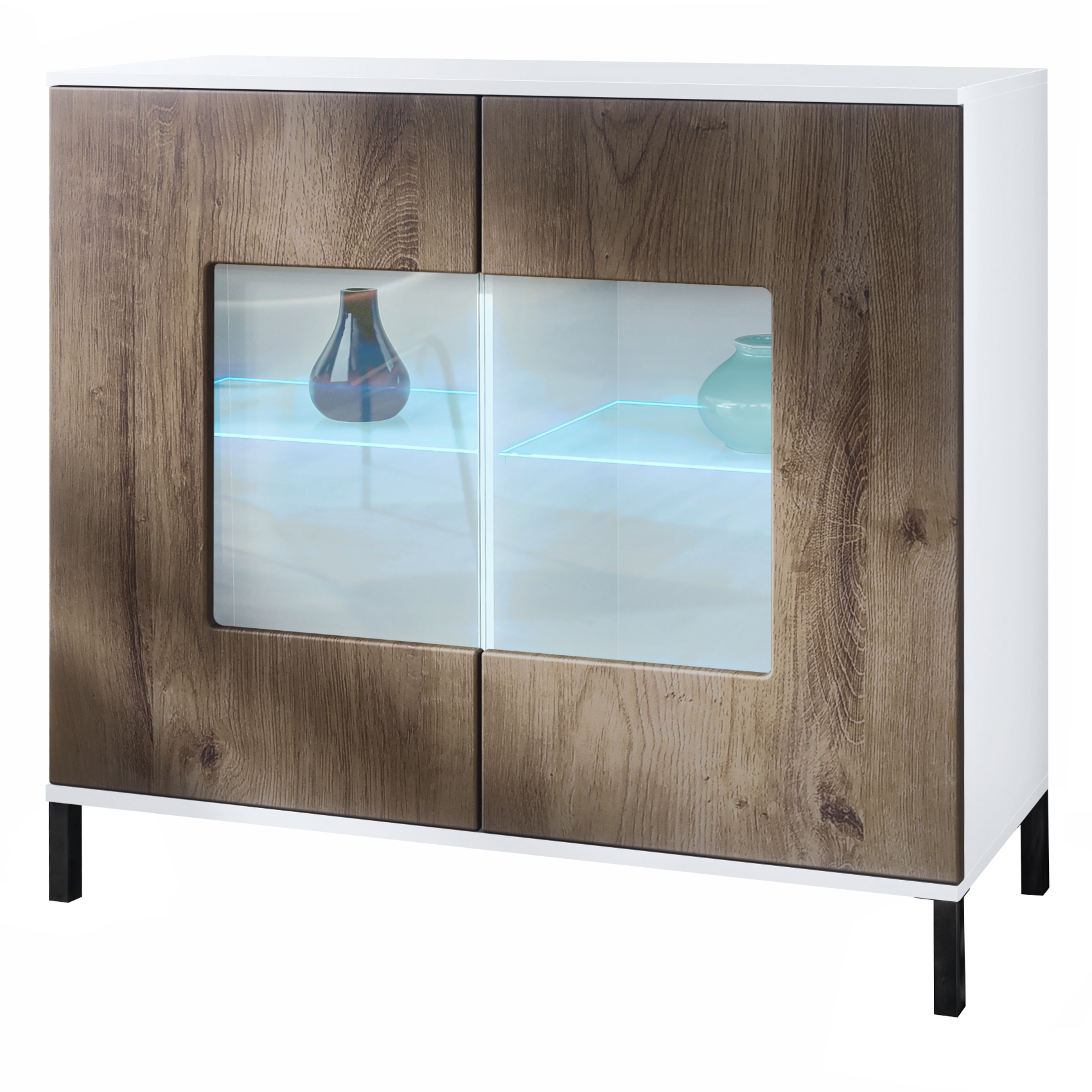 Grömitz V3 Kommode Weiß + LED mit 2 großen Glastüren inkl. RGB Beleuchtung Weiß matt / Eiche Ribbeck (92,5 x 83.5 x 35)