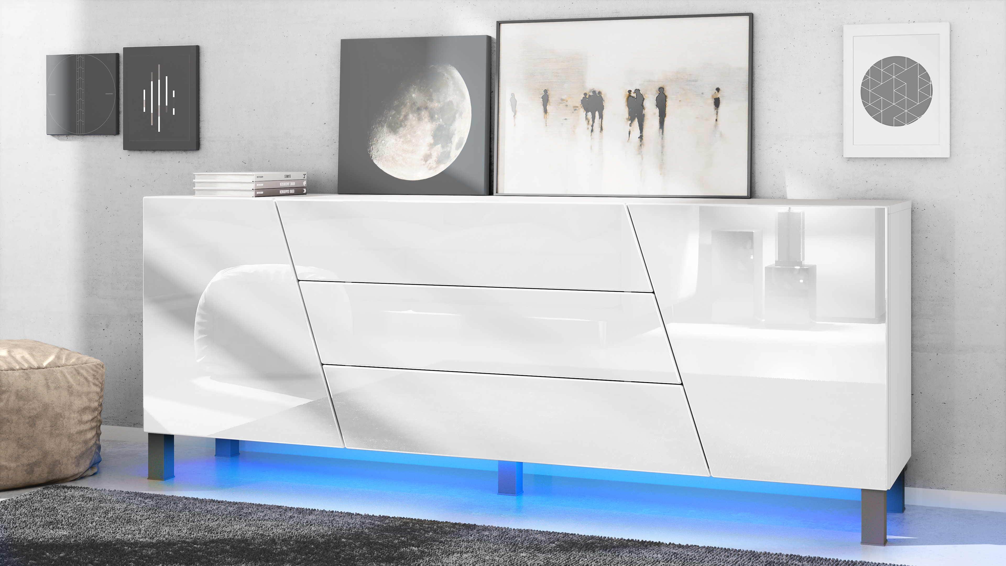 Houston Sideboard mit 2 Türen und 3 Schubladen inkl. LED-Beleuchtung Weiß matt/Weiß Hochglanz (178 x 57,5 x 38,5 cm)