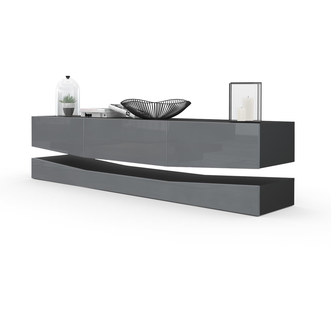 Lowboard City 1 offenem Fach und 3 Schubkästen Schwarz matt/Grau Hochglanz (178 x variabel x 39 cm)