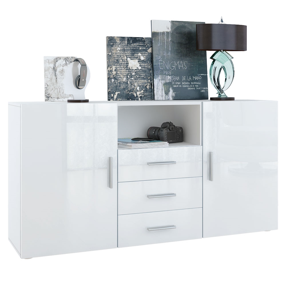Sideboard Skadu  mit 2 Türen, 3 Schubladen und 1 offenem Fach Weiß matt/Weiß Hochglanz (138,5 x 71,5 x 35 cm)