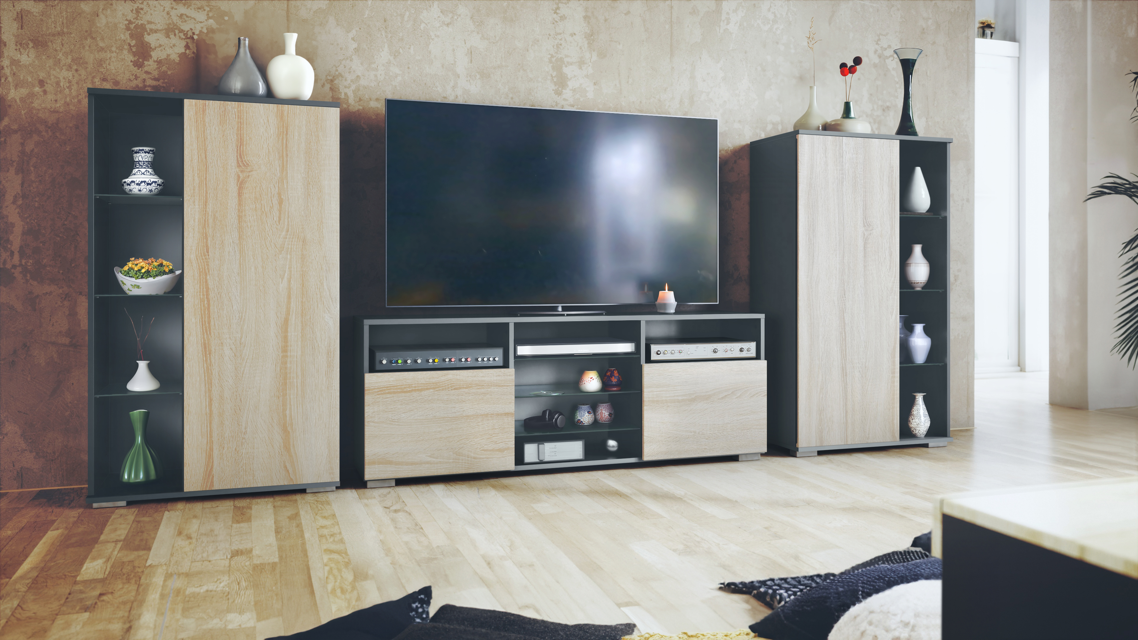 Wohnwand Davos 3-tlg. bestehend aus 2 Vitrinen und 1 TV-Board Anthrazit matt/Eiche sägerau (329 x 134 x 35 cm)