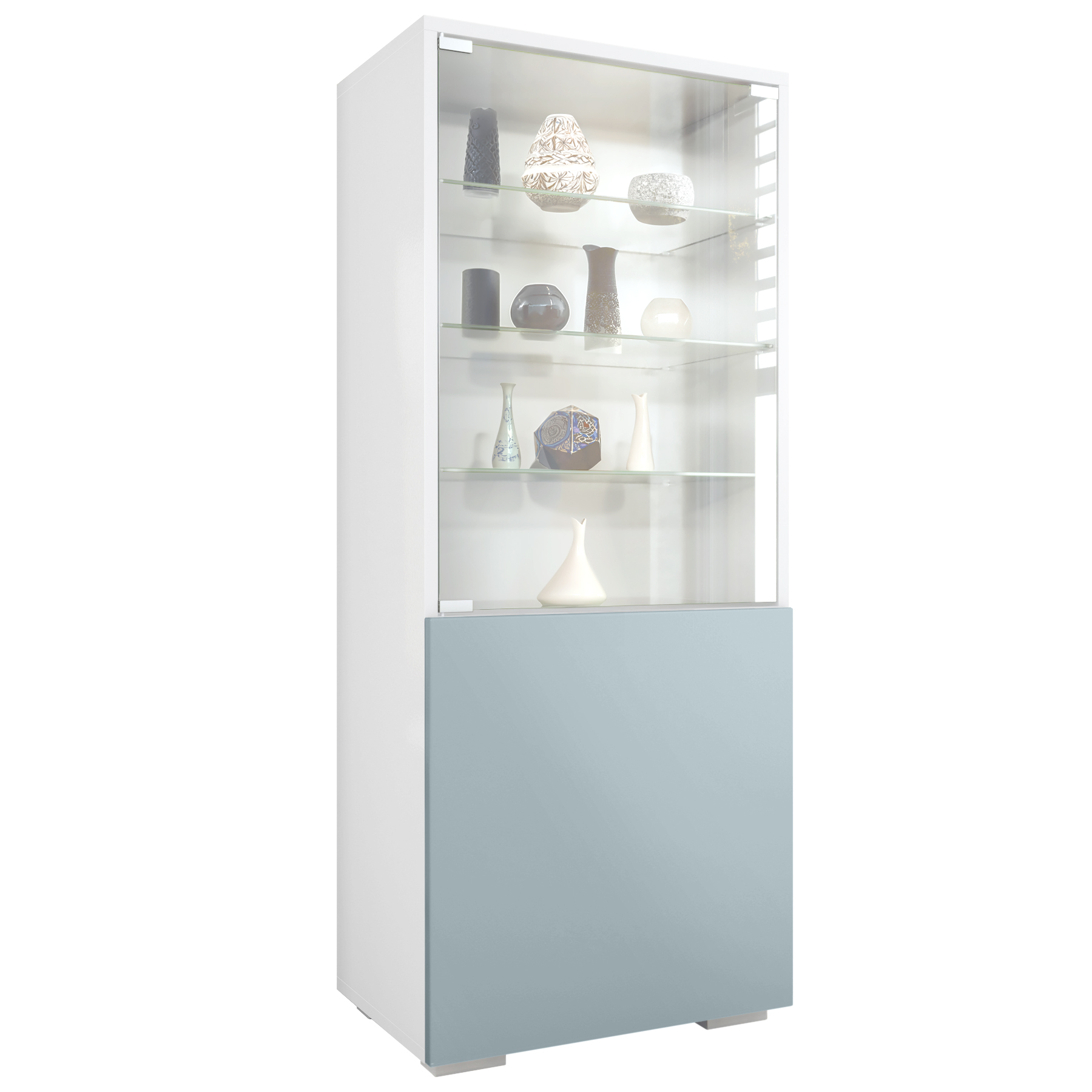 Granada Vitrine Weiß mit Glastür und Glaseinsatz Weiß matt/Denim matt (50 x 122,5 x 34,5 cm)