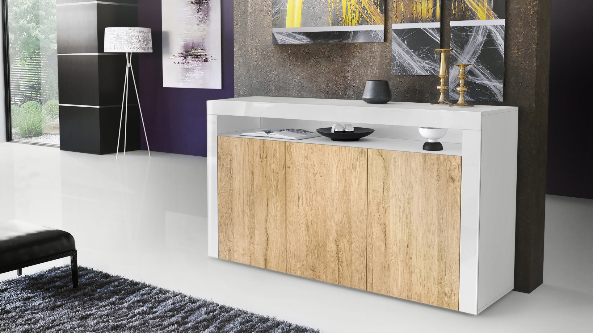 Sideboard Valencia mit 3 Türen und 1 offenem Fach Weiß / Eiche Natur/ (155 x 92 x 40 cm)