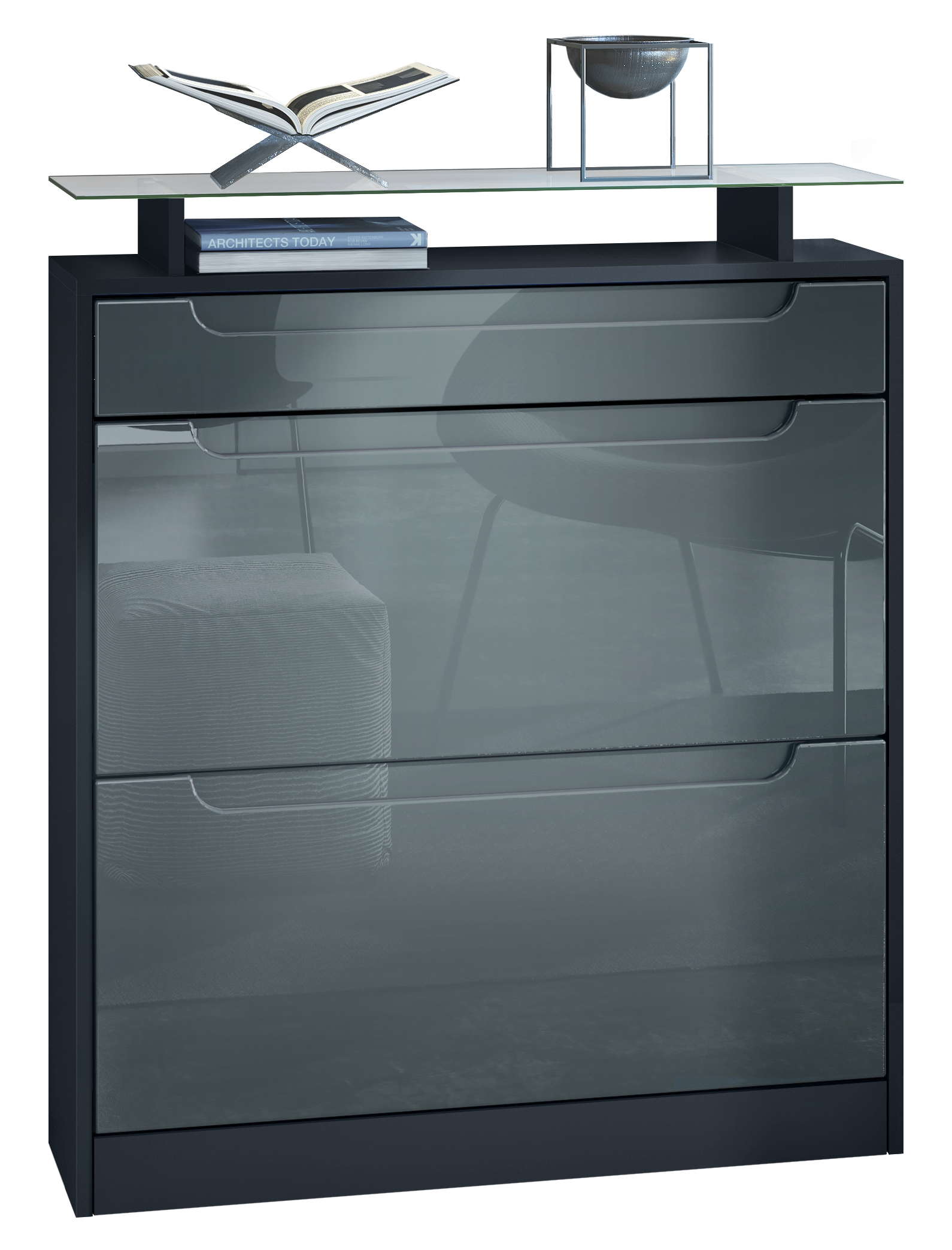 Fiesta Schuhschrank mit 2 Klappen, 1 Schublade und Glasablage Schwarz matt/Grau Hochglanz, Mulden in Grau Hochglanz (89x104x23 cm)