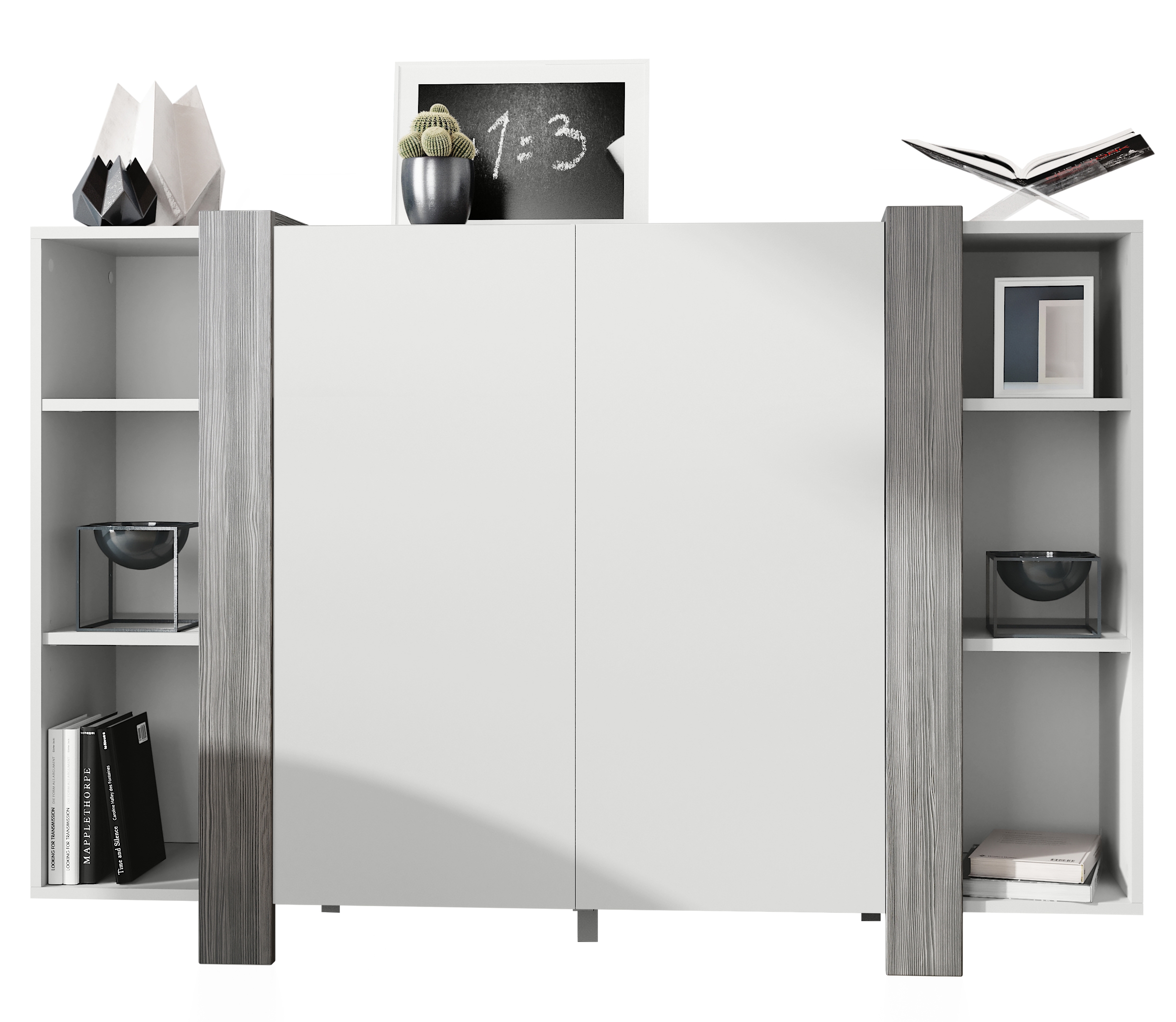 Highboard Ida V2 Weiß mit 2 Türen und 6 offene Fächer Weiß matt/Avola-Anthrazit (149 x 101 x 34 cm)