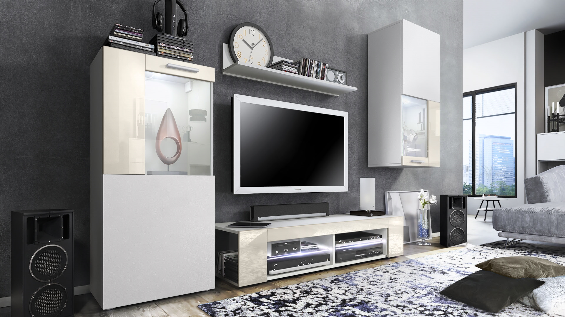 Wohnwand Movie 4-tlg. Weiß mit weißer LED  bestehend aus 1 TV-Board, 2 Vitrinen und 1 Regal Weiß matt/Creme glänzend mit Beleuchtung (300x190x39 cm)
