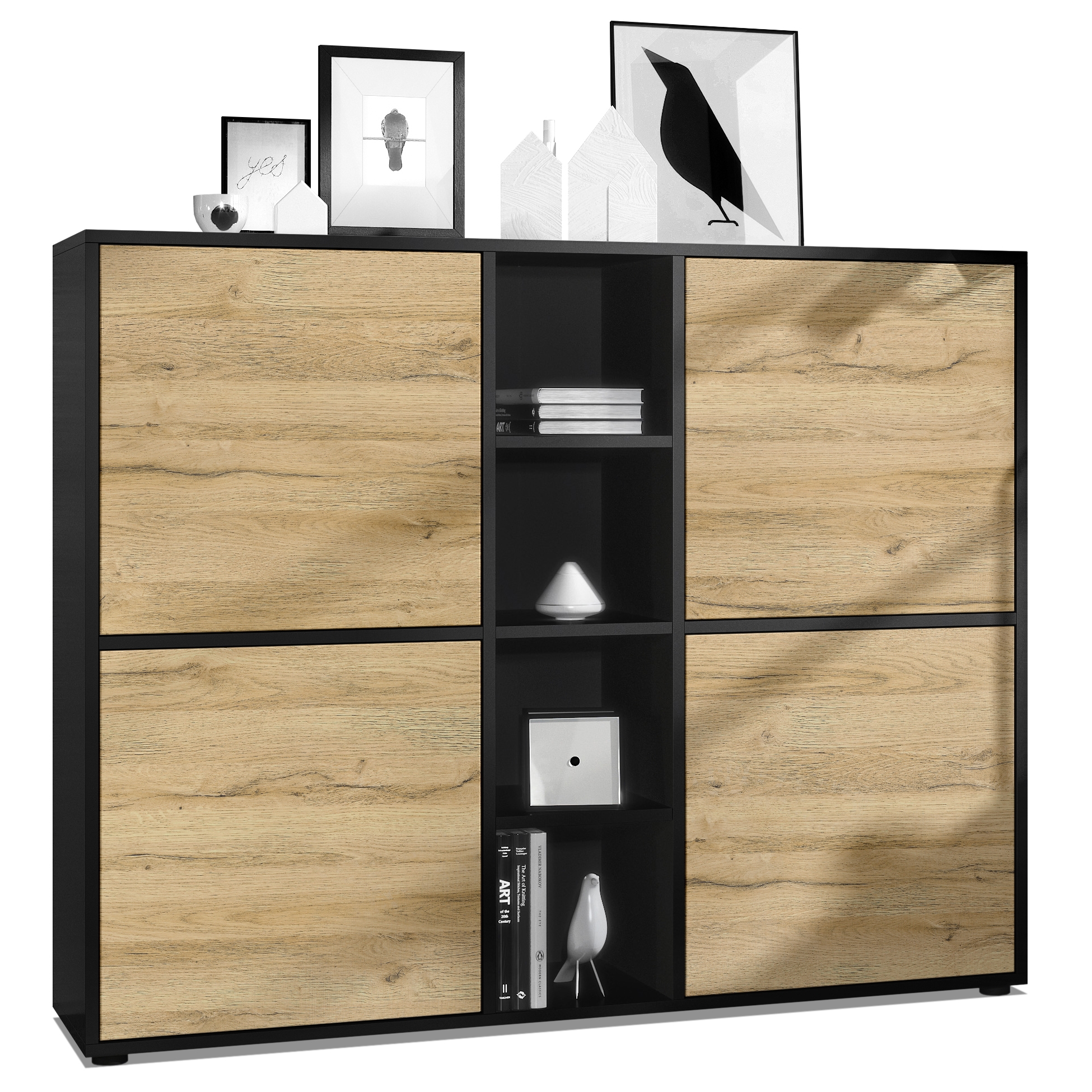 Highboard Cuba V3  Schrank Anrichte Cuba V3 mit 12 Fächern Korpus in Schwarz matt / Fronten in Eiche Natur (130,5x105,5x35,5 cm)