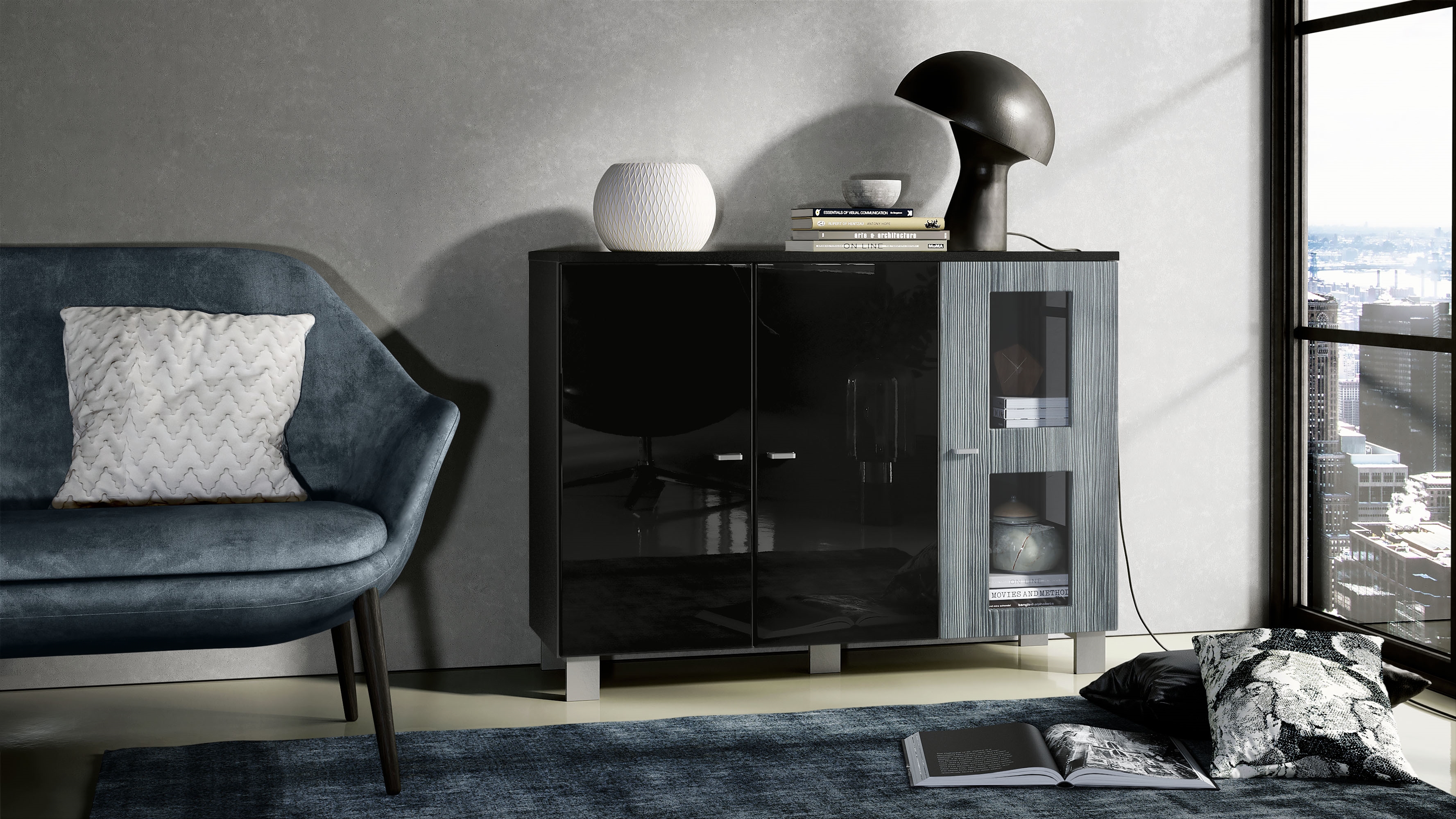 Sideboard Denjo  mit 3 Türen Schwarz matt/Schwarz Hochglanz/Avola-Anthrazit (107 x 81 x 35 cm)