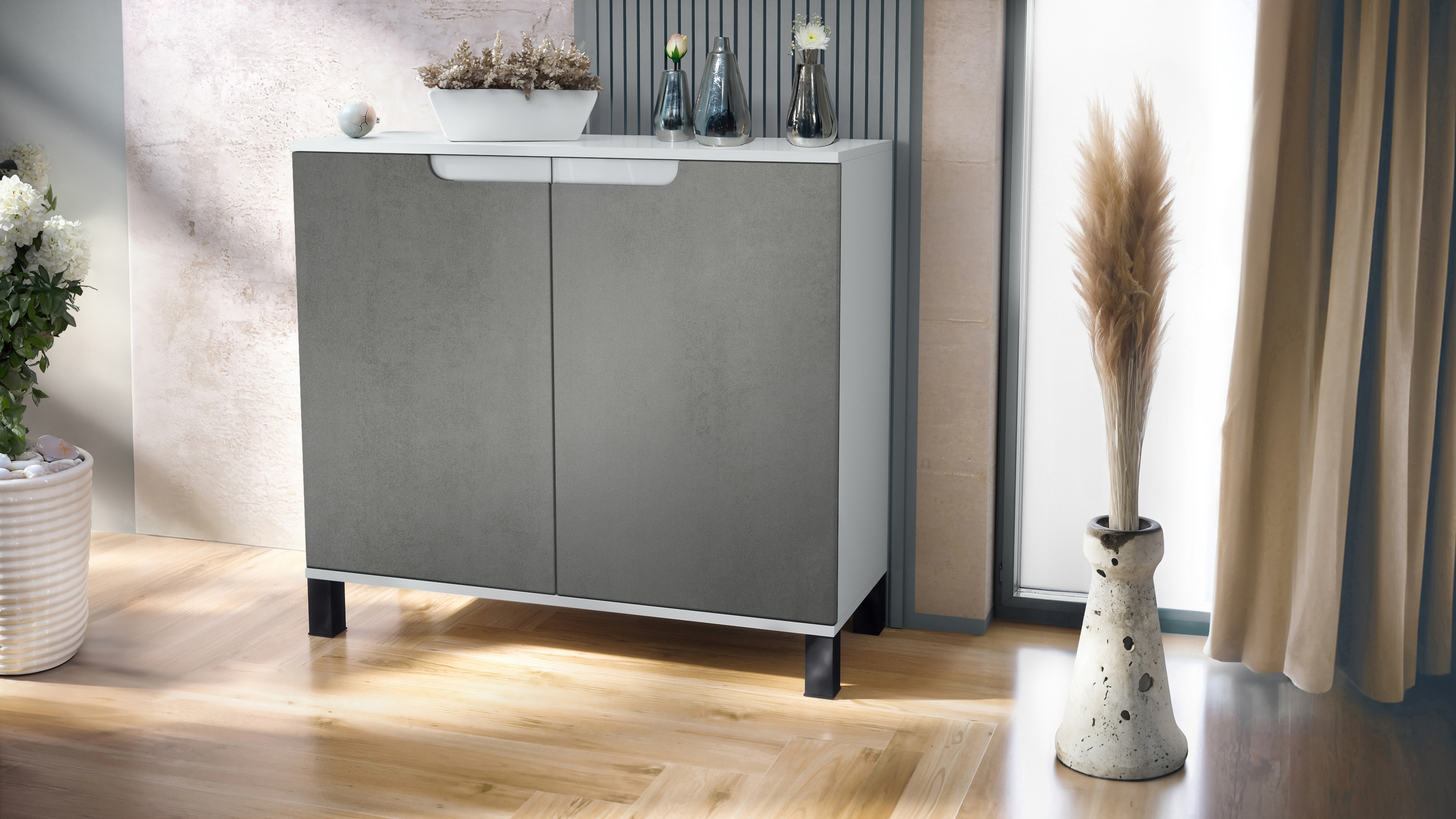 Sylt V3 Kommode Weiß mit 2 großen Türen Weiß matt / Beton Dunkel Optik (92,5 x 84.5 x 35)