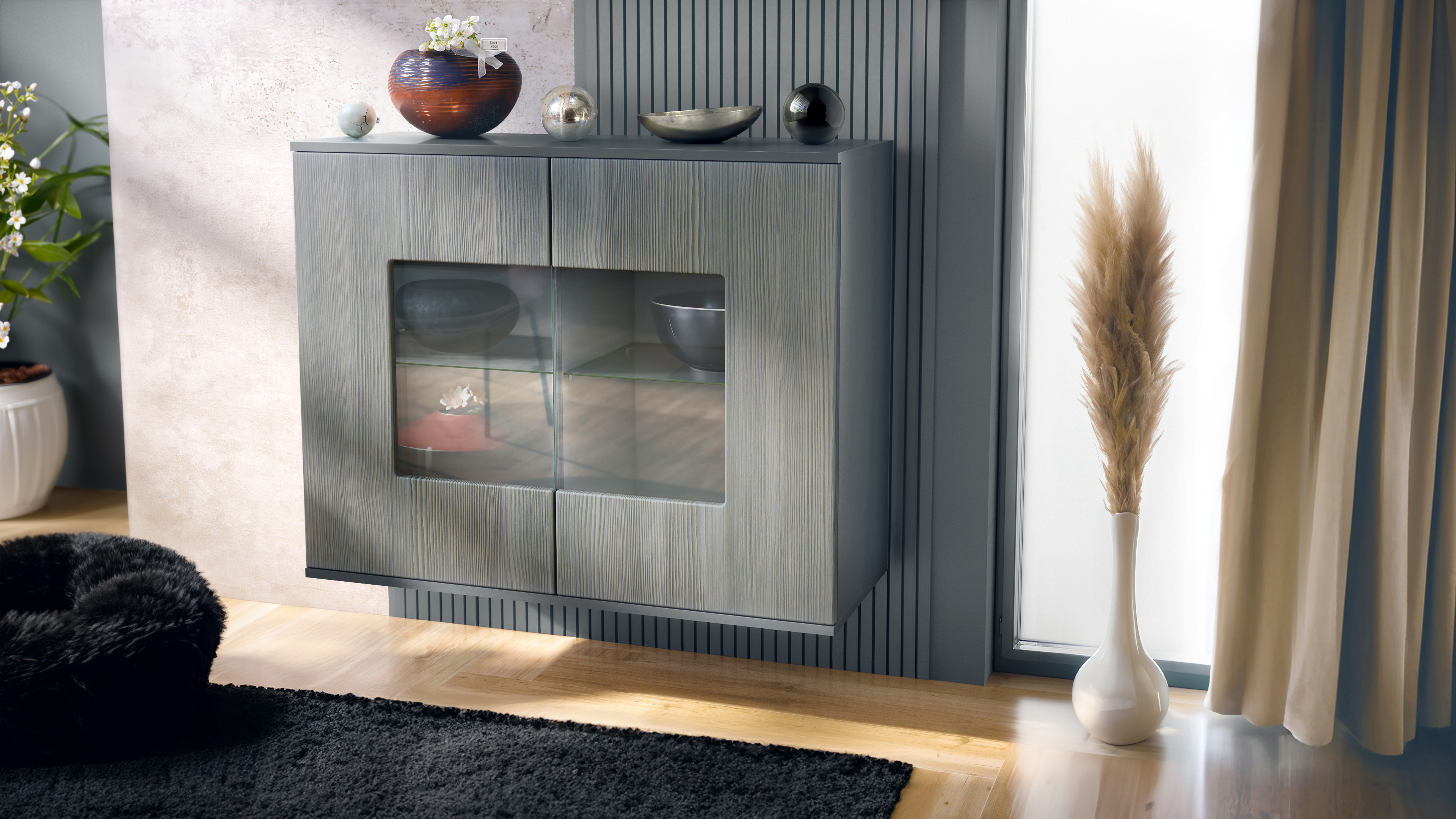 Grömitz V3 Kommode Anthrazit mit 2 großen Glastüren Anthrazit matt / Avola-Anthrazit (92,5 x 73.5 x 35)