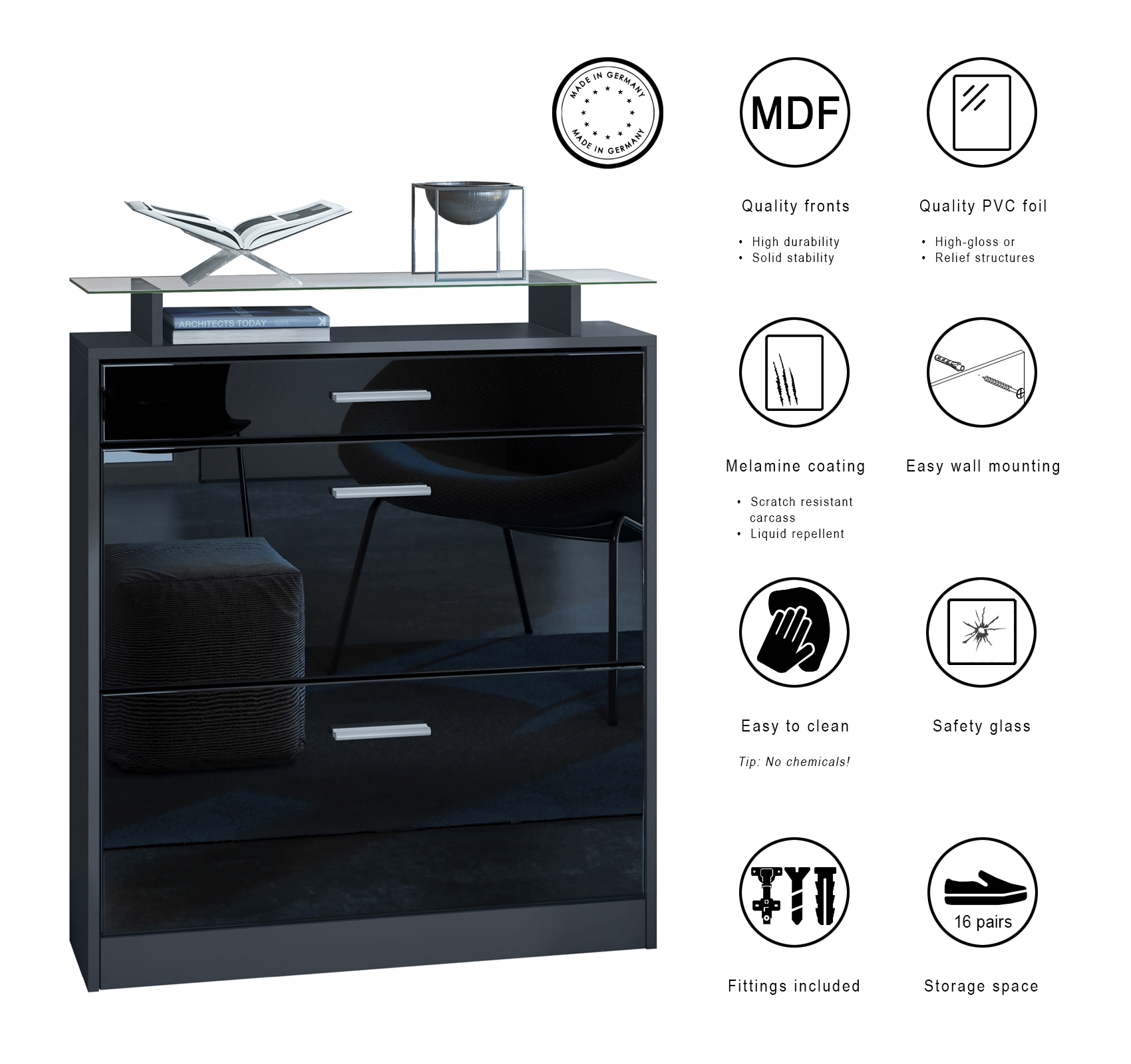 Schuhschrank Loret mit 2 Klappen und 1 Schublade und Glasablage Schwarz matt/Brombeer Hochglanz (89 x 104 x 23 cm)
