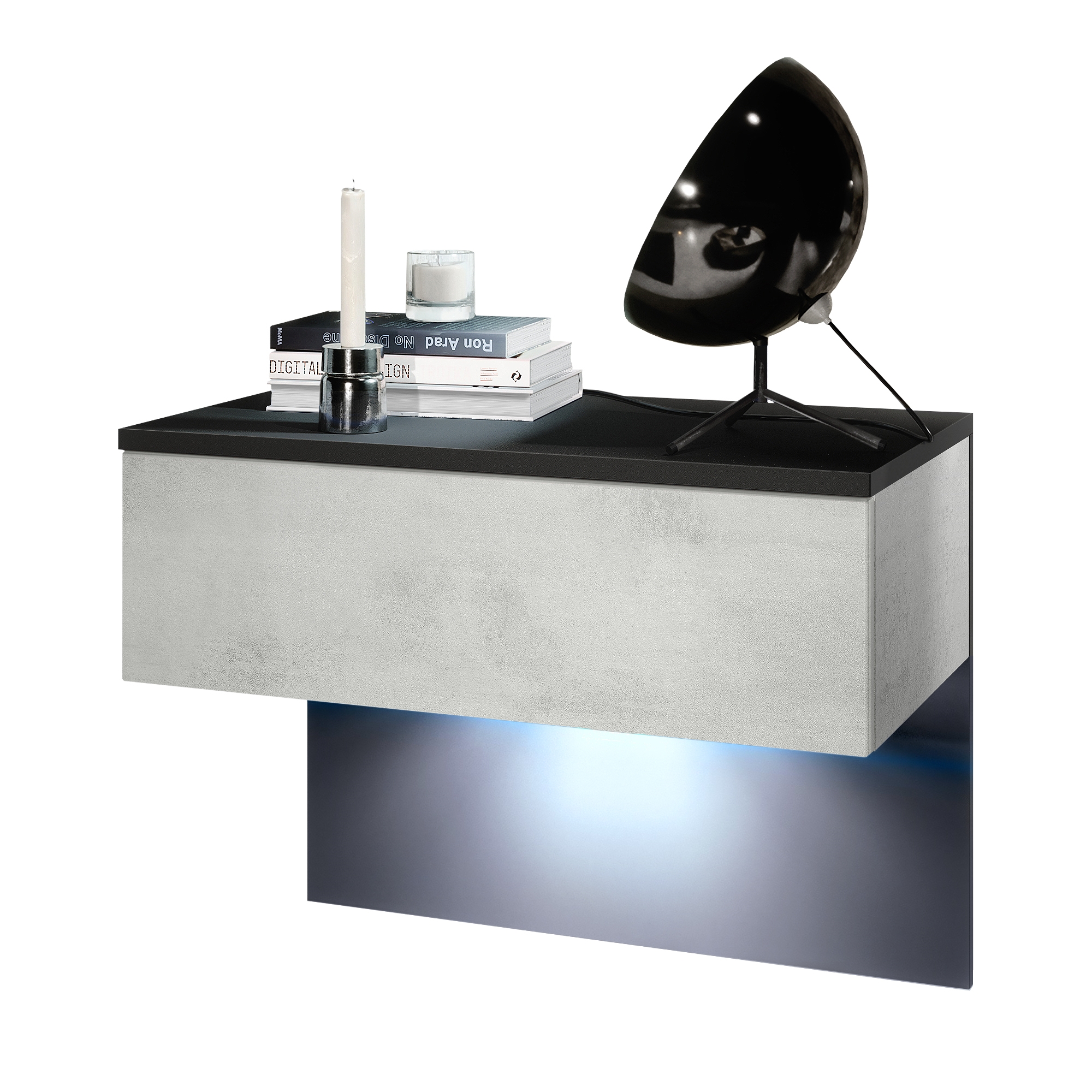 Nachttisch Sleep mit Schublade zur Wandmontage Schwarz matt/Beton Oxid Optik (60 x 46 x 35 cm)