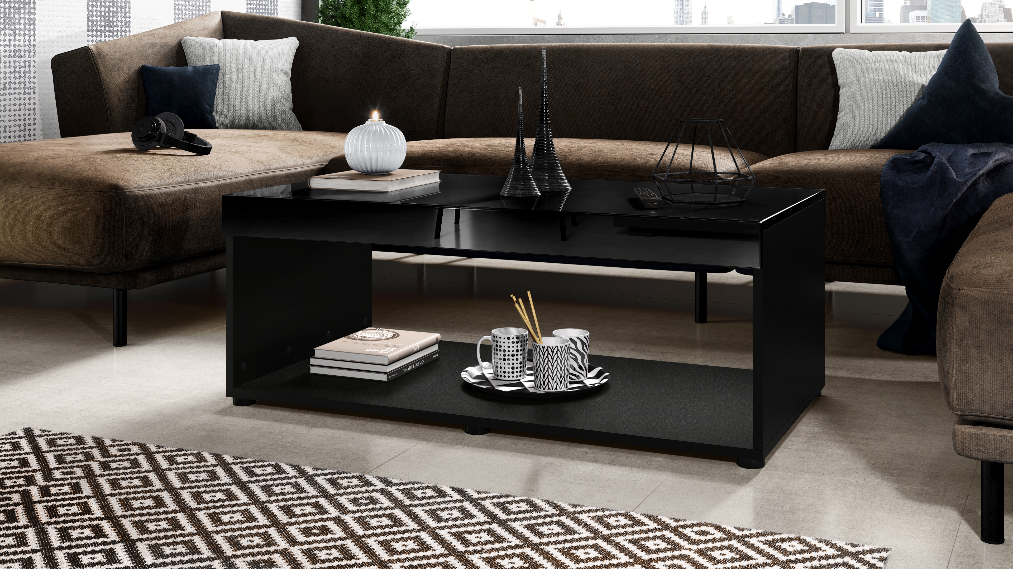 Couchtisch Pure  in Kastenform Schwarz matt/Schwarz Hochglanz (104 x 40,5 x 58 cm)