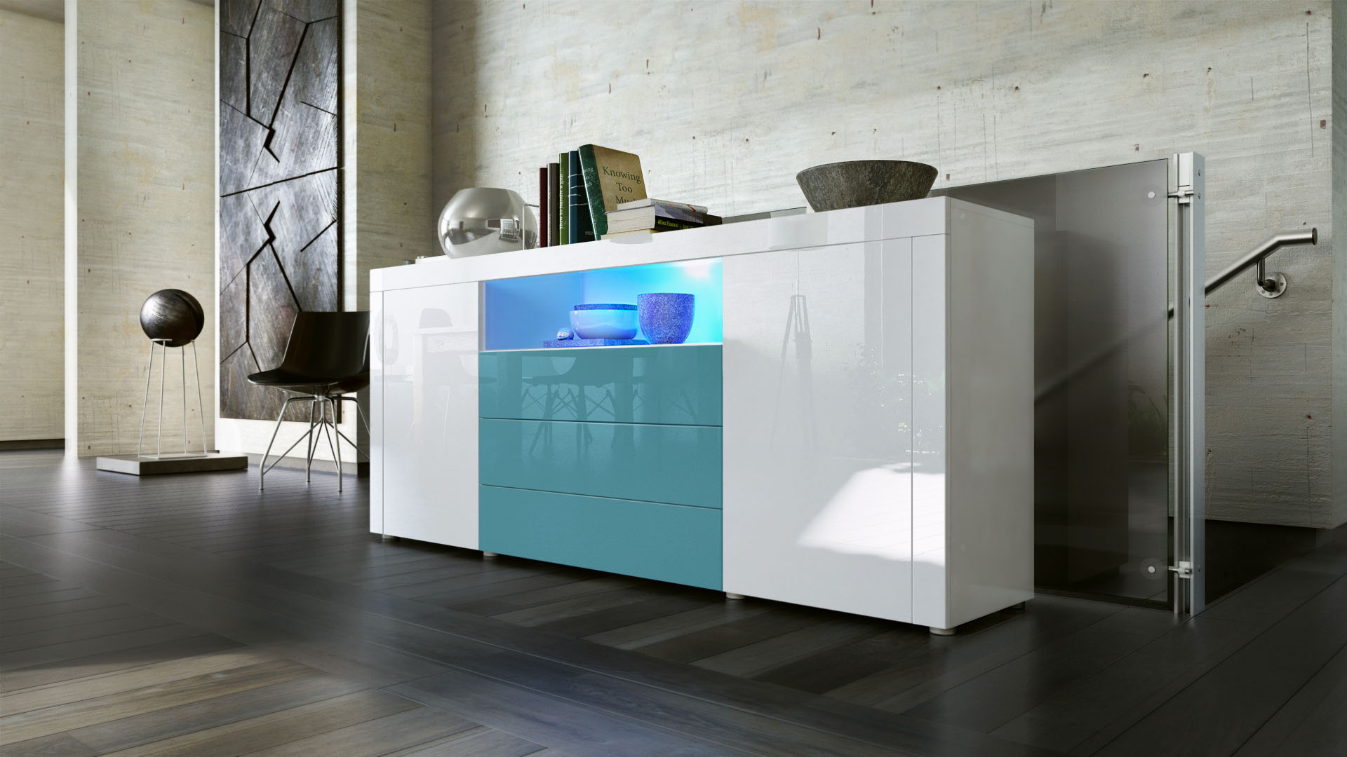 Sideboard Santiago mit 2 großen Türen und 3 Schubladen Weiß Hochglanz/Petrol Hochglanz (167 x 72 x 35 cm)