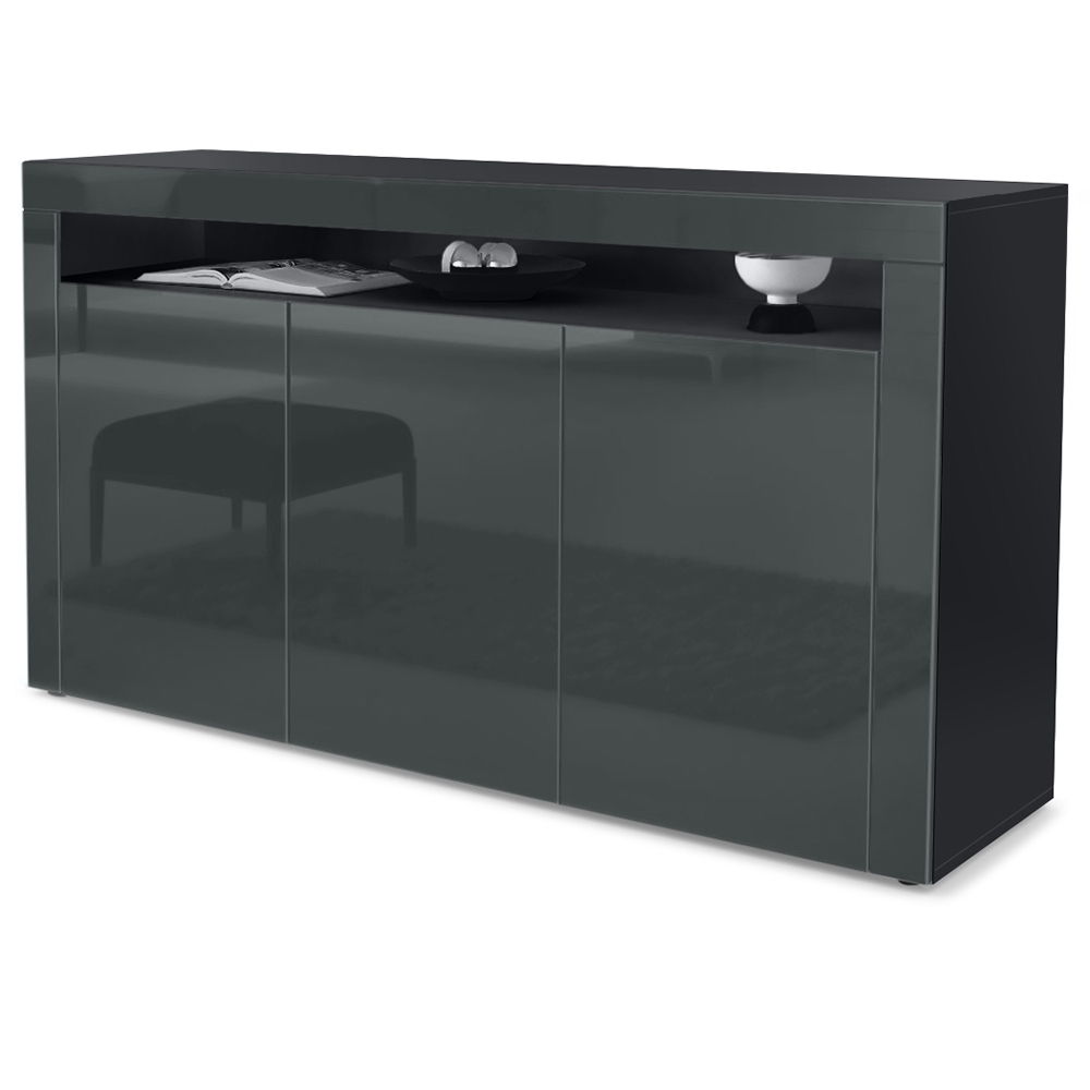 Sideboard Valencia mit 3 Türen und 1 offenem Fach Schwarz matt/Grau Hochglanz/Grau Hochglanz (155 x 92 x 40 cm)