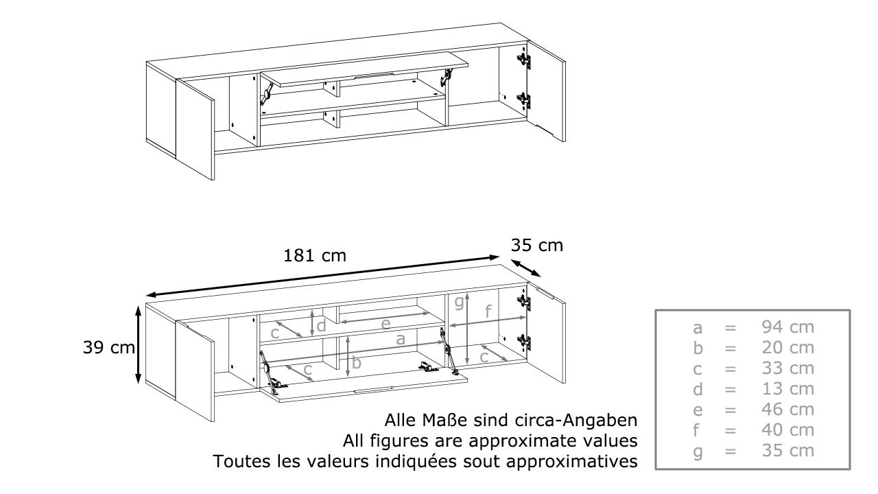 Wohnwand Mogan mit jeweils 2 Türen, 1 Klappe und 1 offenes Fach Weiß matt/Beton Oxid Optik 2x (181 x 39 x 35 cm)