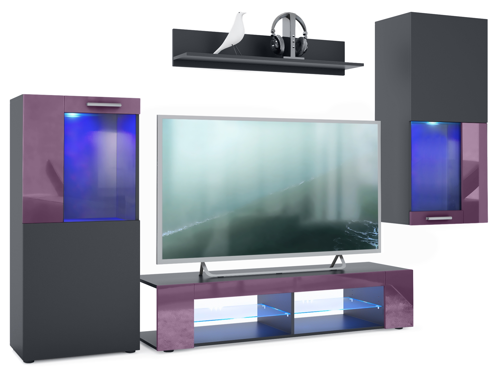 Wohnwand Movie 4-tlg. Schwarz mit LED  bestehend aus 1 TV-Board, 2 Vitrinen und 1 Regal Schwarz matt/Brombeer glänzend mit Beleuchtung in Blau (300x190x39 cm)