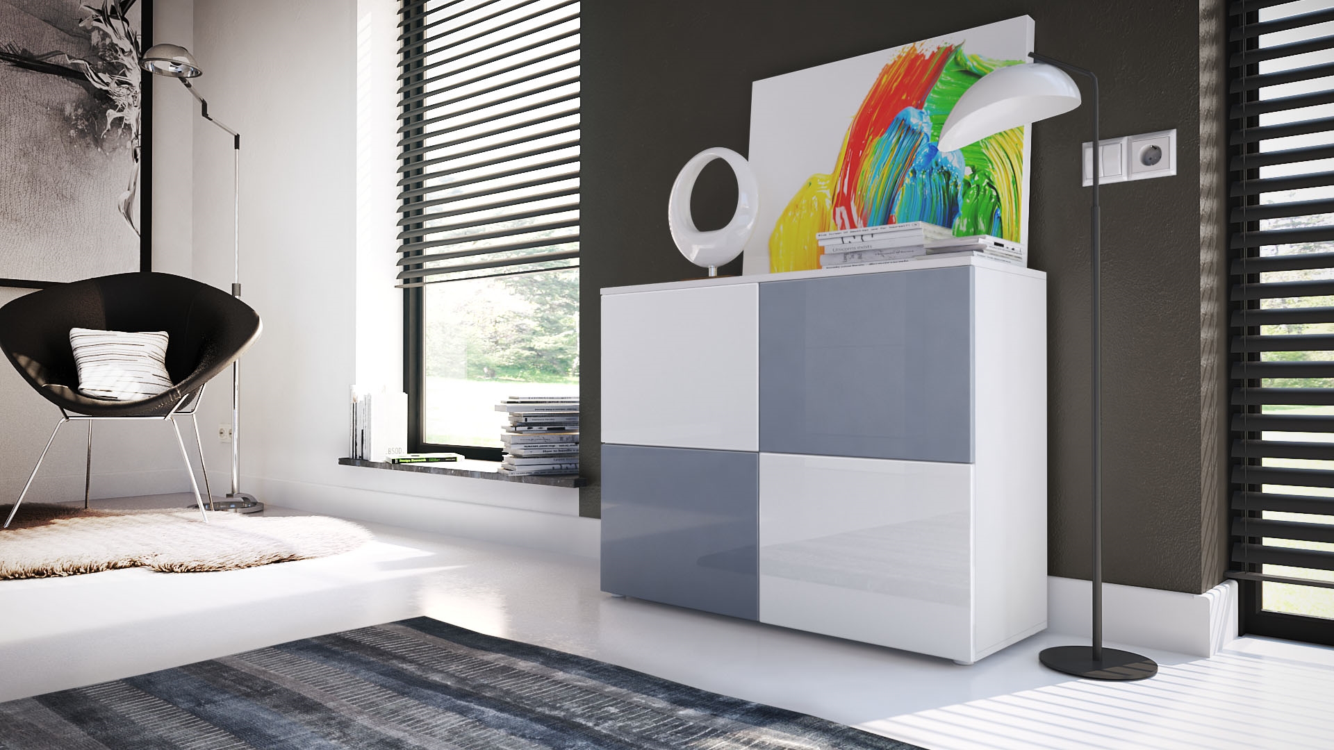 Kommode Rova mit 4 Türen Weiß matt/Weiß-Grau Hochglanz (92 x 72 x 35 cm)