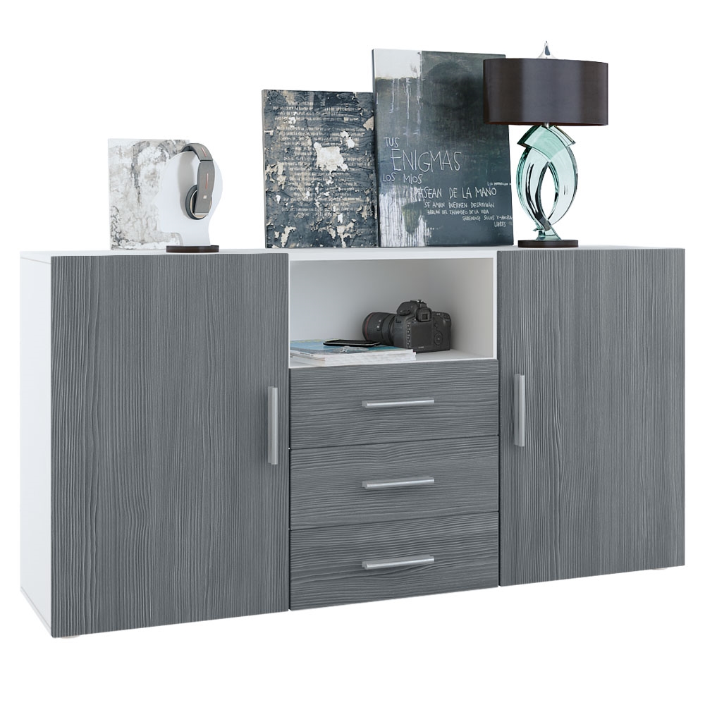 Sideboard Skadu  mit 2 Türen, 3 Schubladen und 1 offenem Fach Weiß matt/Avola-Anthrazit (138,5 x 71,5 x 35 cm)