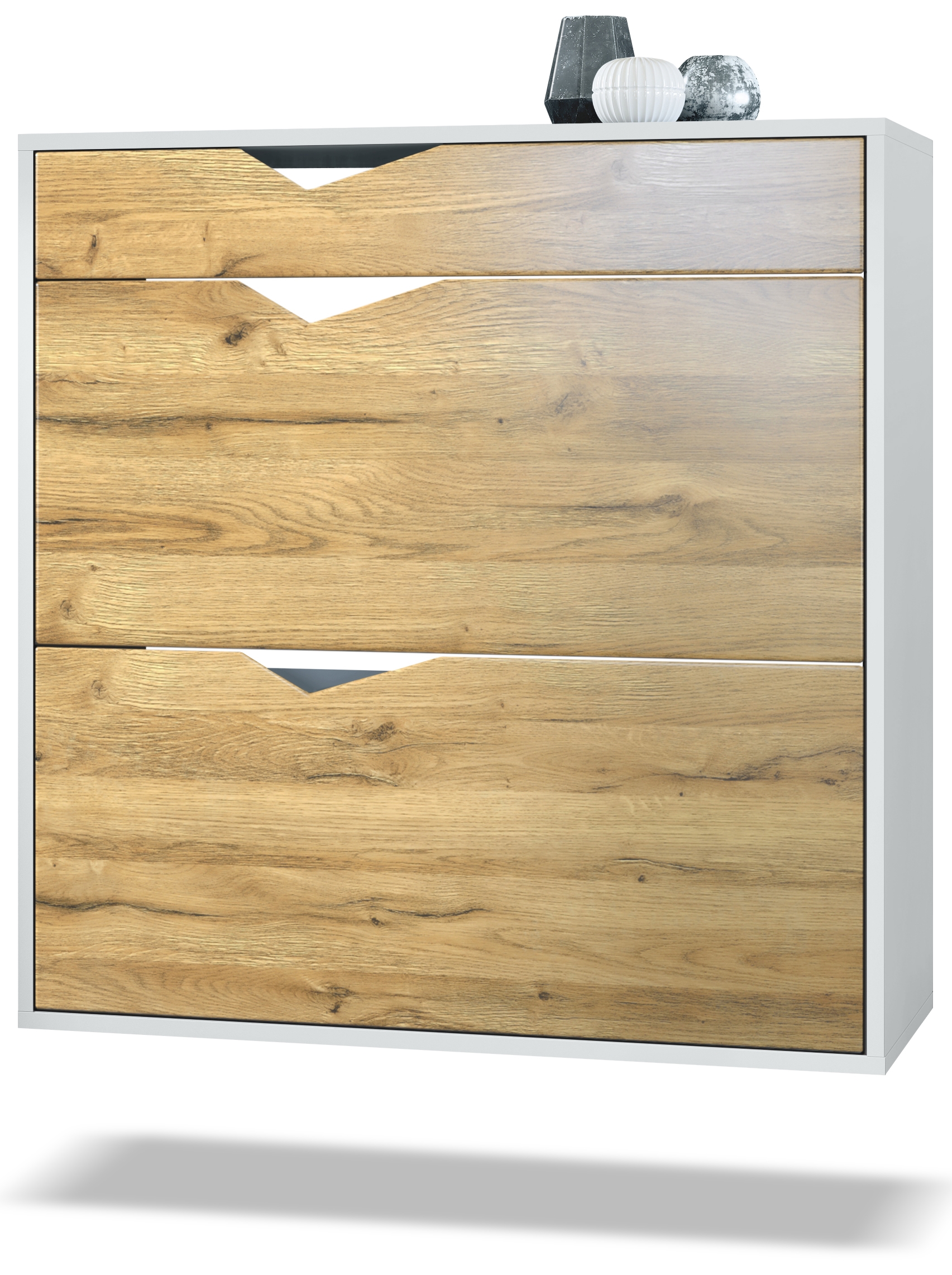 Schuhschrank Kolmio  für 16 Paar Schuhe mit 2 Klappen und Schublade Weiß matt/Eiche Natur (85 x 87 x 33 cm)