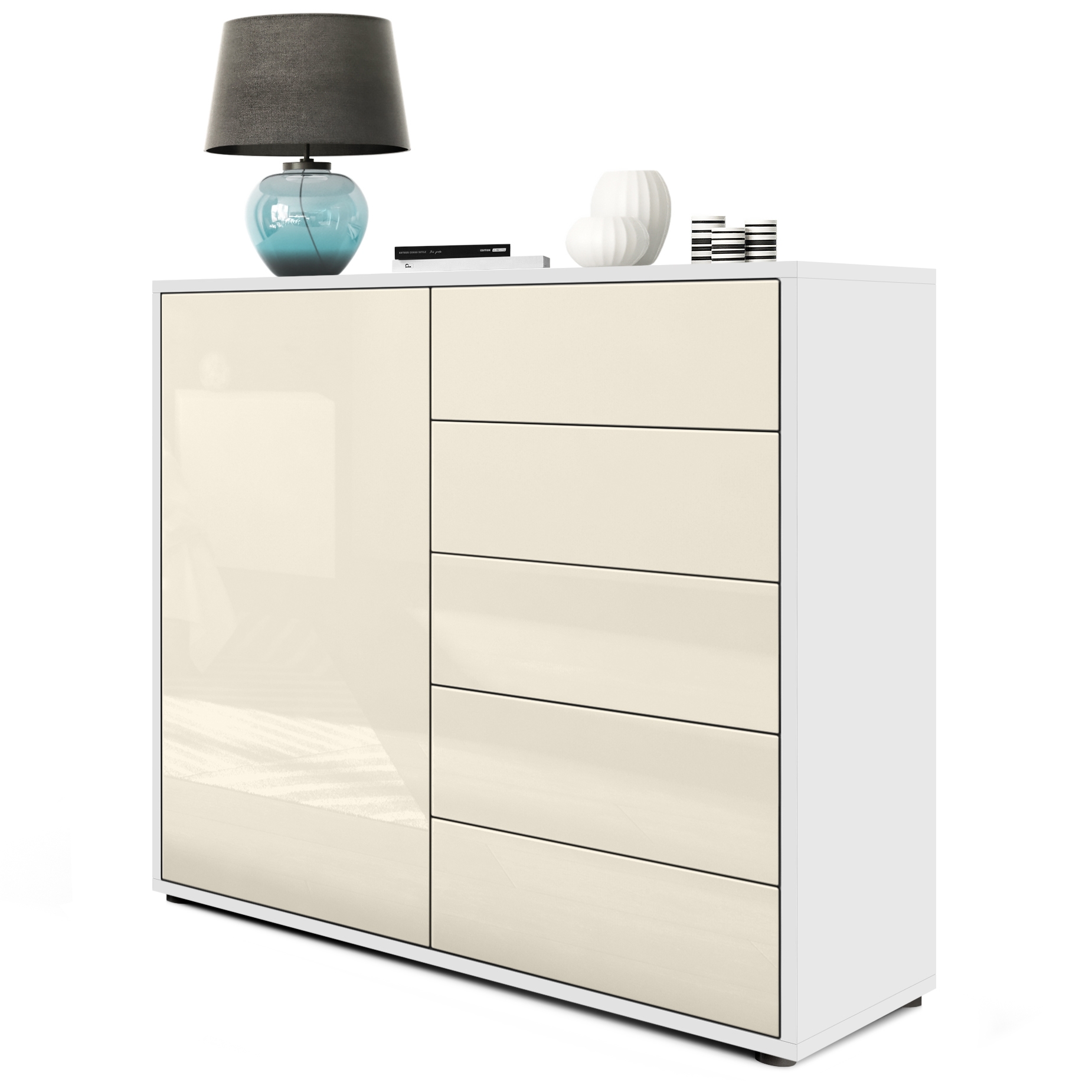 Kommode Ben V2  mit 1 Tür und 5 Schubladen Weiß matt/Creme Hochglanz (79 x 74 x 36 cm)