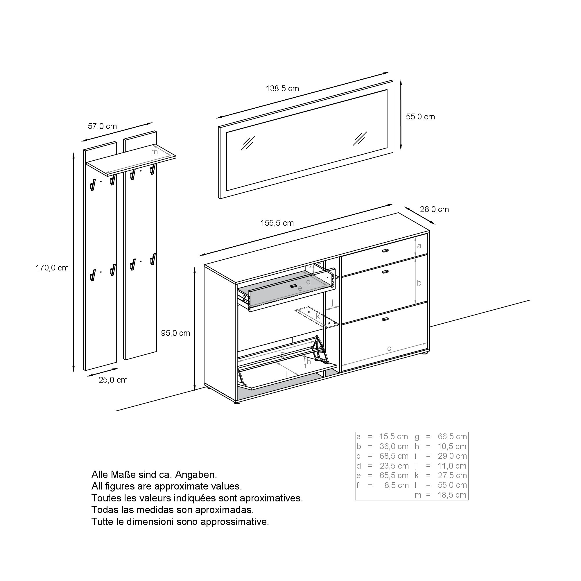 Garderobenset 3-tlg. Orlando mit Schuhschrank, Wandpaneel und Wandspiegel Weiß matt/Beton Oxid Optik