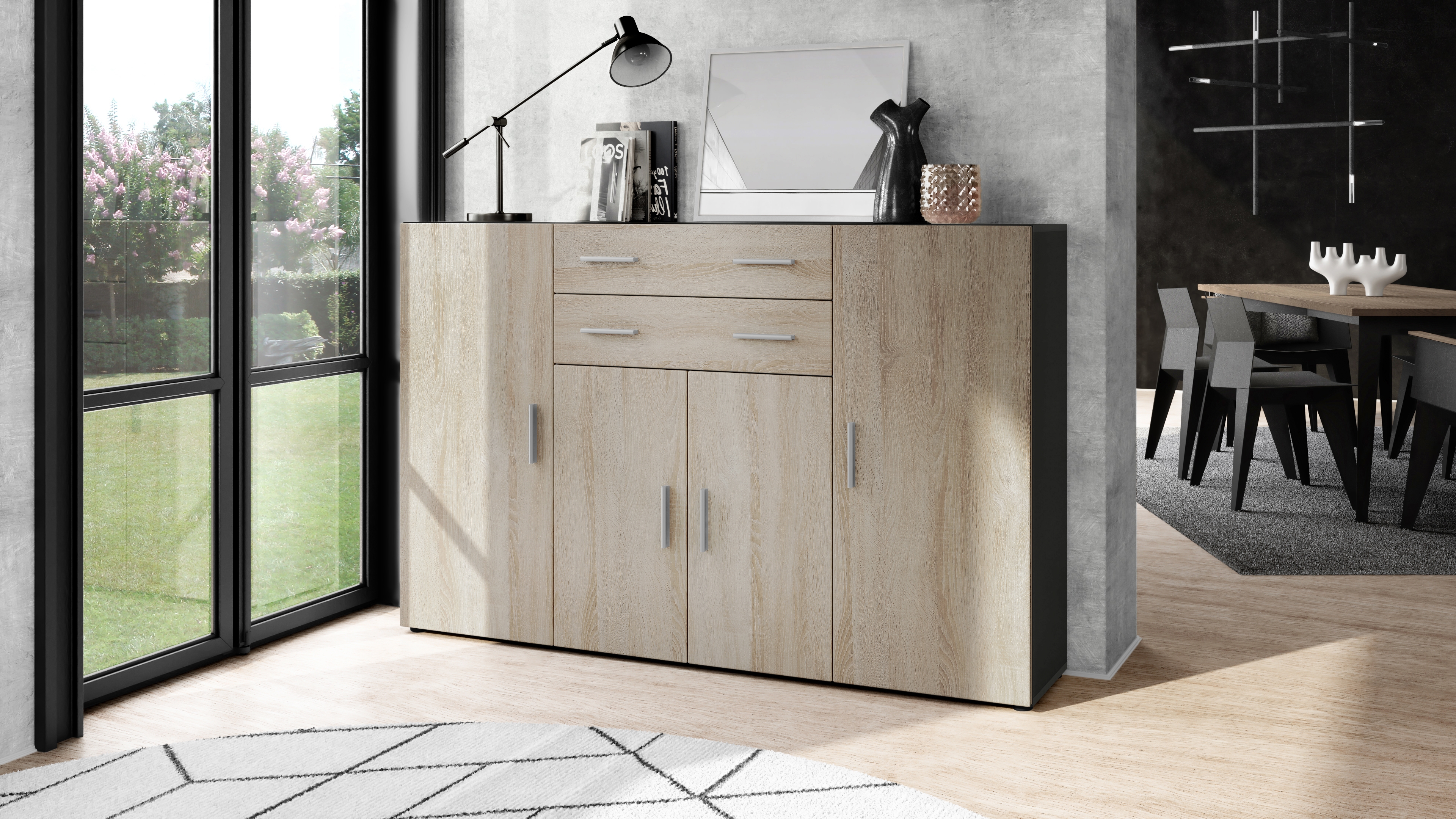 Highboard Aron  mit 4 Türen und 2 Schubladen Anthrazit matt/Eiche sägerau (166,5 x 106,5 x 35 cm)