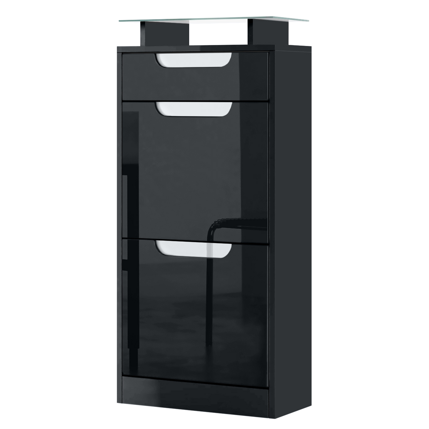 Schuhschrank Fiesta V2 mit 2 Klappen, Schublade und Glasablage Schwarz matt/Schwarz glänzend, Mulden in Weiß glänzend (46x104x23 cm)