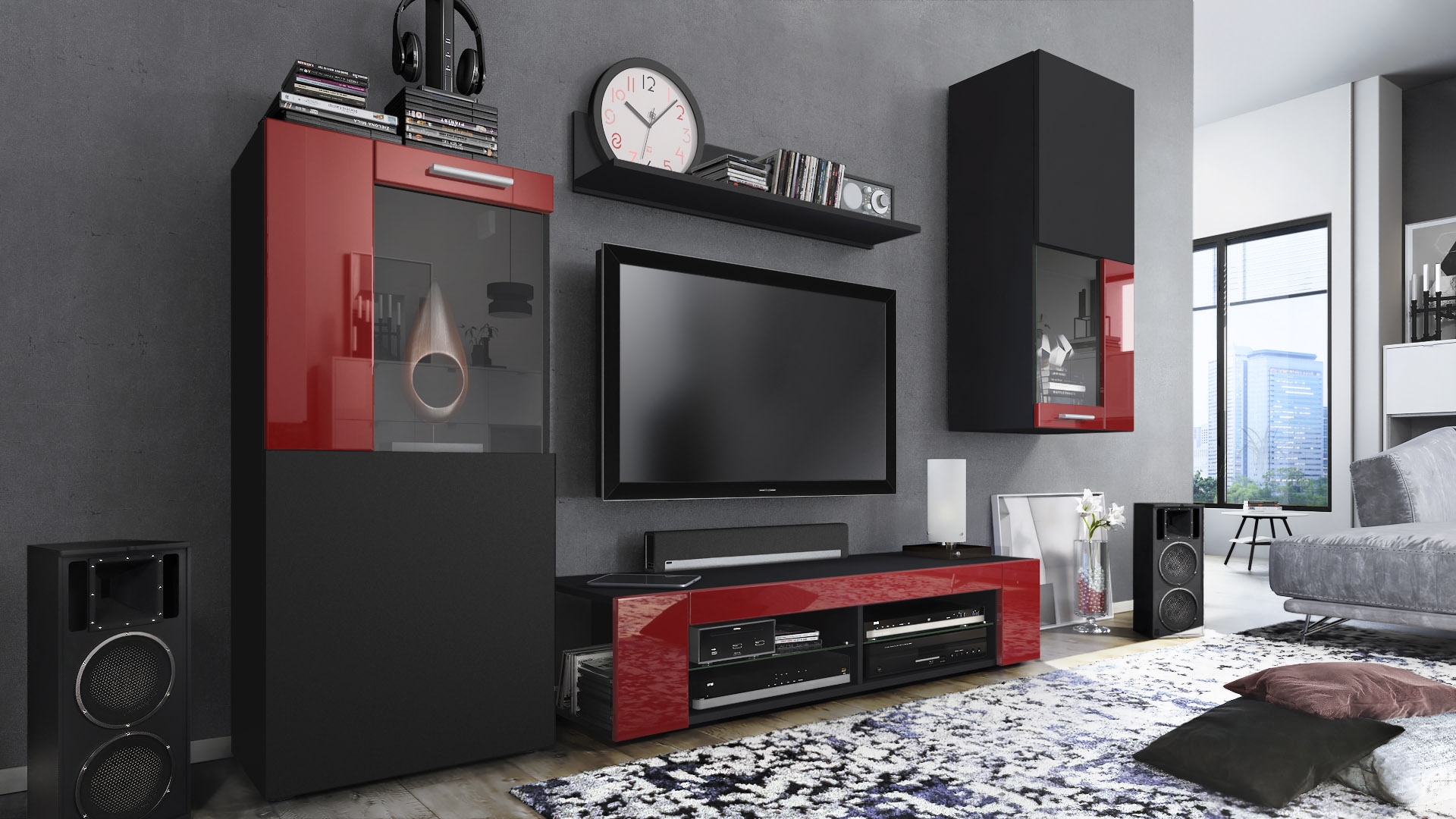 Wohnwand Movie 4-tlg. Schwarz   bestehend aus 1 TV-Board, 2 Vitrinen und 1 Regal Schwarz matt/Schwarz matt/Bordeaux Hochglanz (Gesamt: 300x190x39 cm)