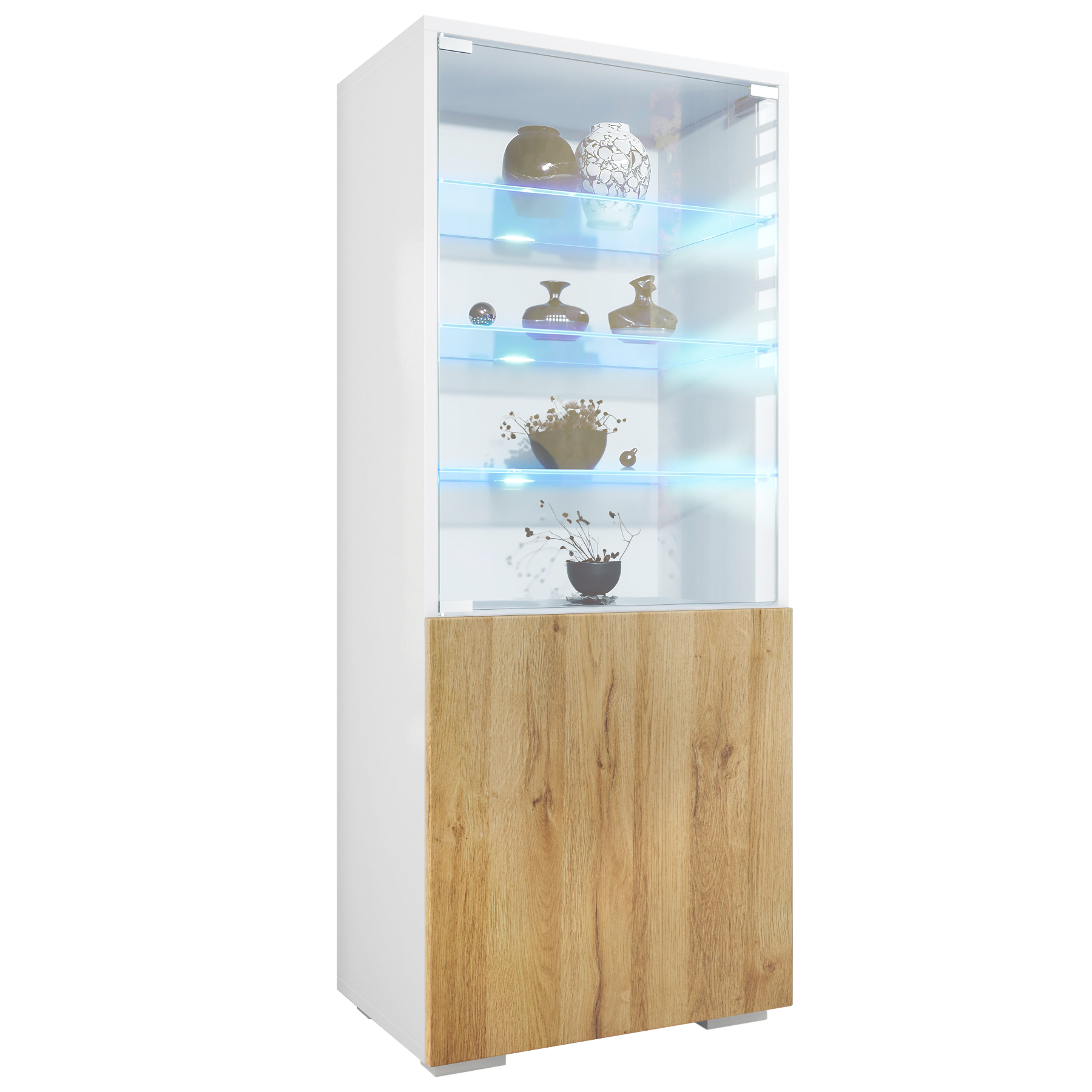 Granada Vitrine Weiß mit LED mit Glastür und Glaseinsatz inkl. LED Weiß matt/Eiche Natur (50 x 122,5 x 34,5 cm)