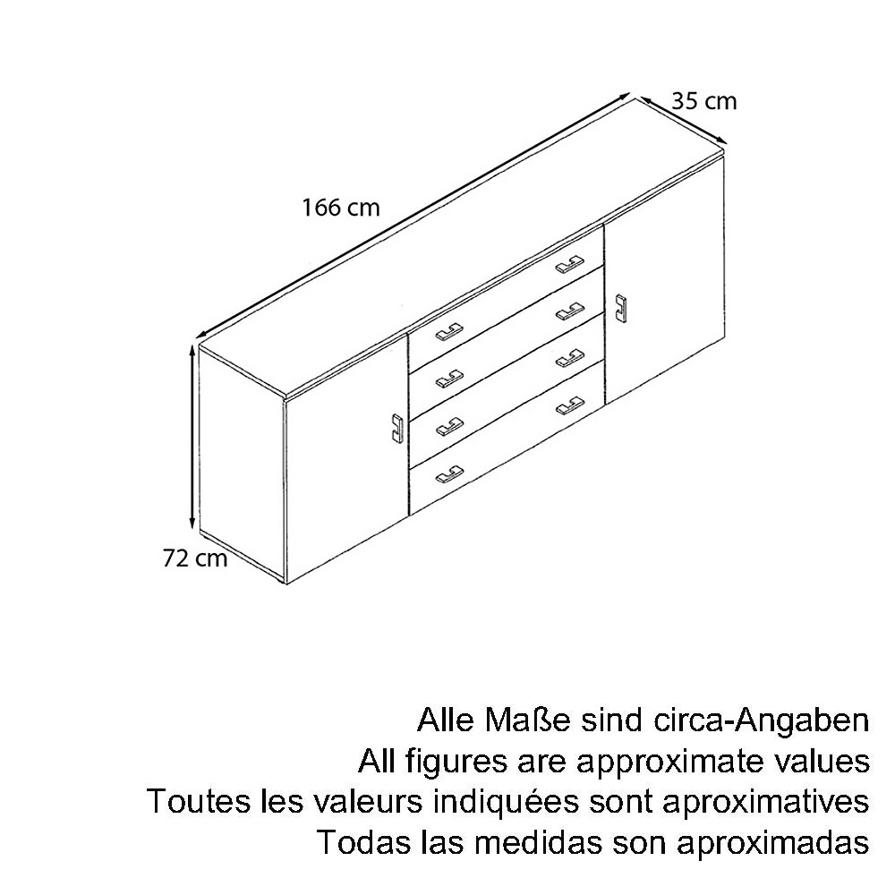 Sideboard Faro V2 mit 2 Türen und 4 Schubladen Schwarz matt/Weiß Hochglanz (166 x 72 x 35)