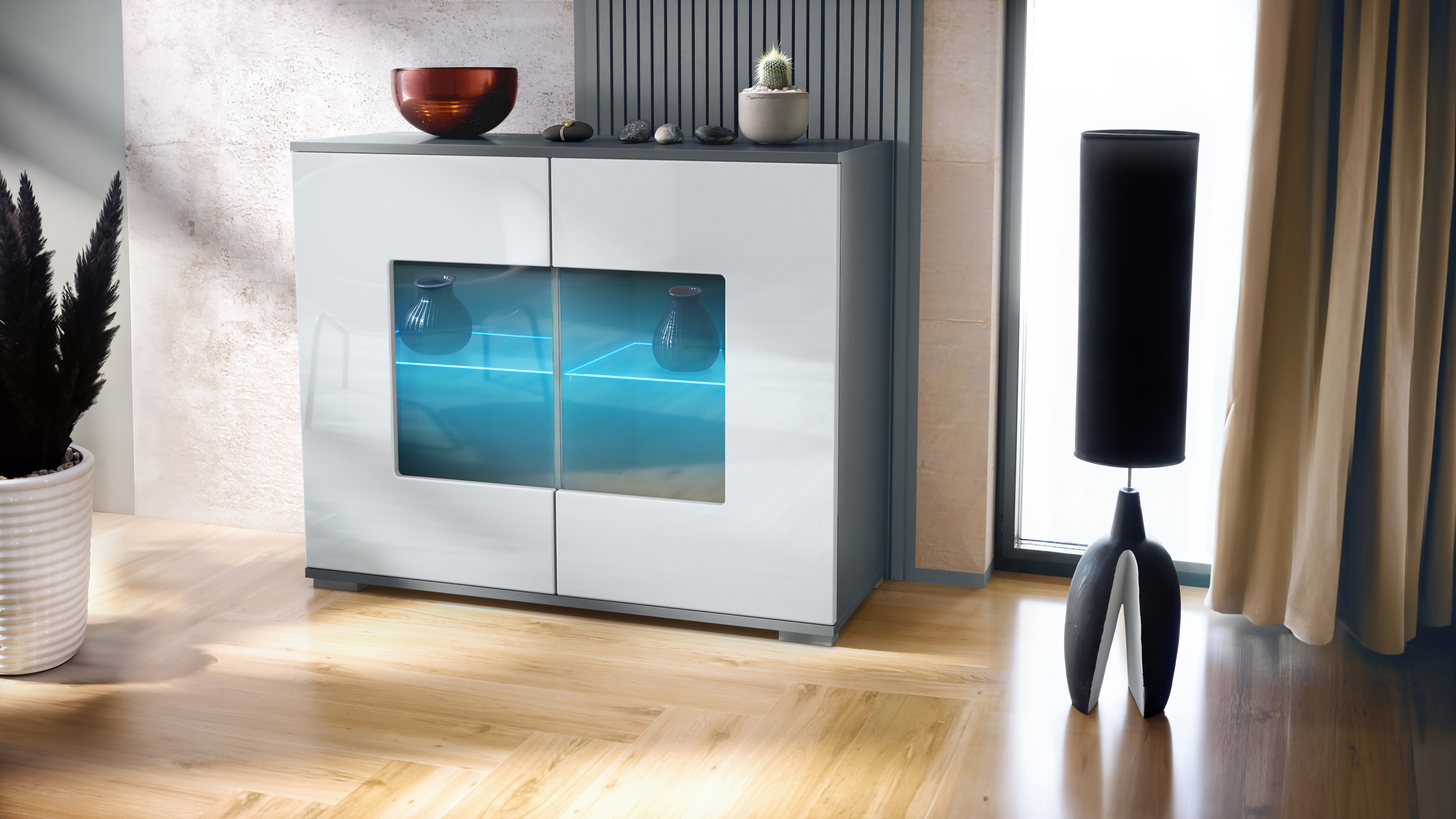 Grömitz V3 Kommode Anthrazit + LED mit 2 großen Glastüren inkl. RGB Beleuchtung Anthrazit matt / Weiß Hochglanz (92,5 x 75.5 x 35)