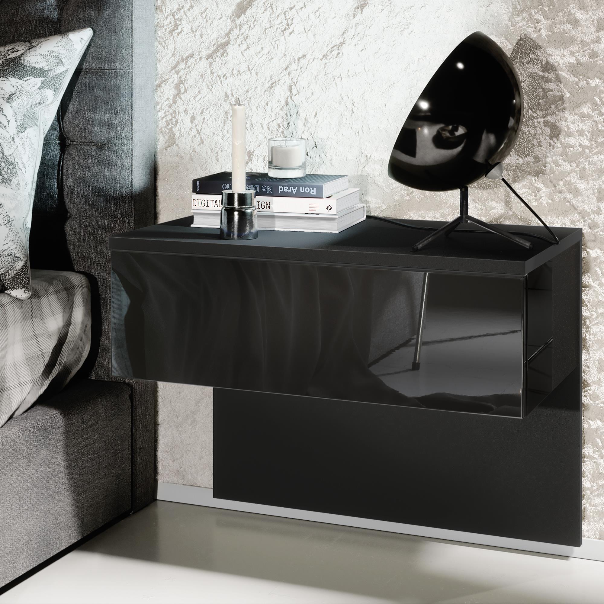 Nachttisch Sleep mit Schublade zur Wandmontage Schwarz matt/Schwarz Hochglanz (60 x 46 x 35 cm)