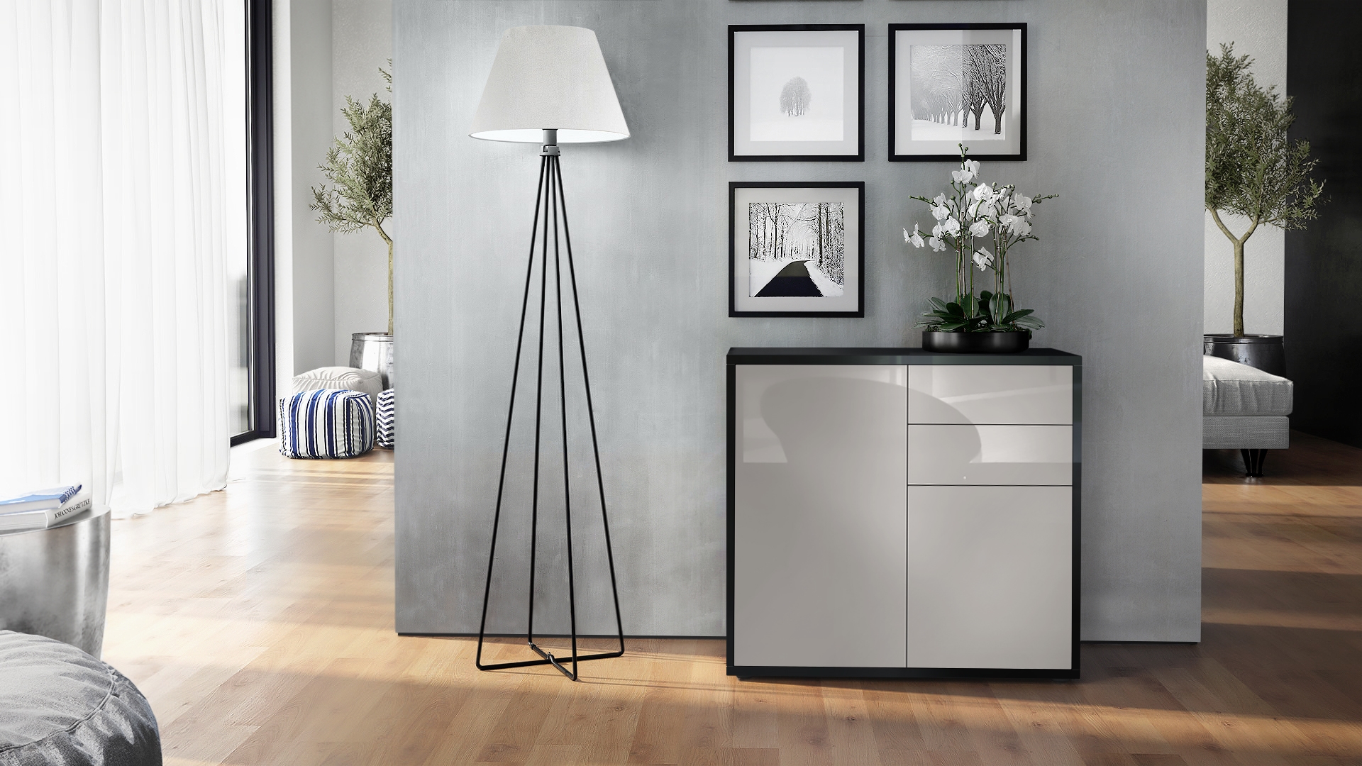 Kommode Ben  mit 2 Türen und 2 Schubladen Schwarz Hochglanz/Sandgrau Hochglanz (79 x 74 x 36 cm)