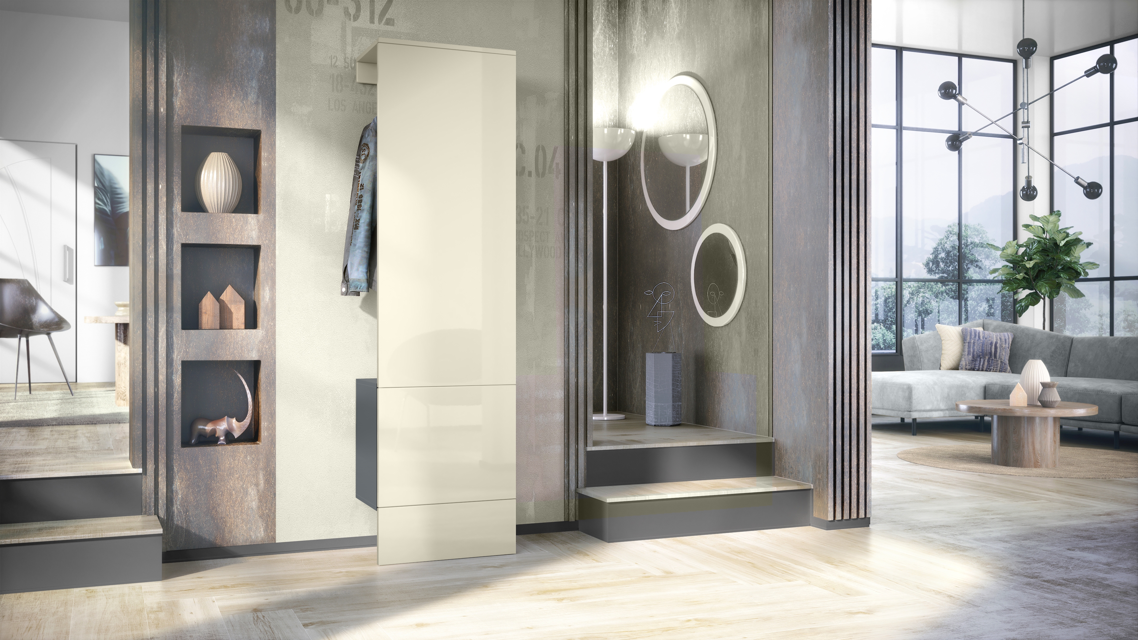 Garderobe Carlton Set 5 Anthrazit 1-tlg. mit integrierter Tür und 1 Kleiderstange Anthrazit matt/Creme Hochglanz (52 x 193 x 35 cm)