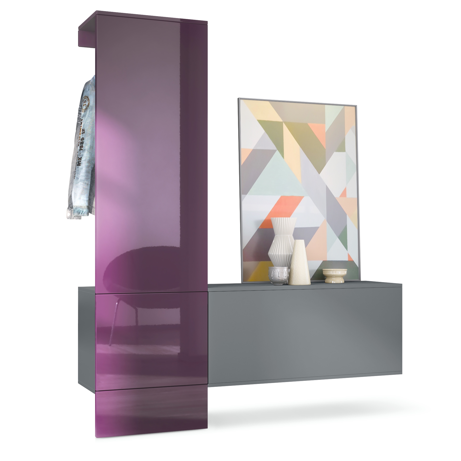 Garderobe Carlton Set 4 Anthrazit 3-tlg. 1 Paneel und 1 Schrankmodul Anthrazit matt/Brombeer Hochglanz (156,5 x 193 x 35 cm)
