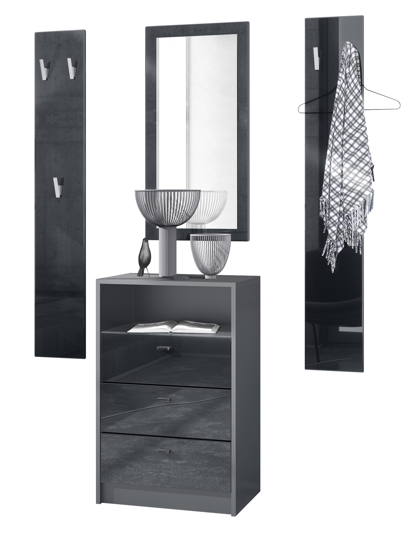 Pino V2 Garderobenset 4-tlg. Anthrazit 1 Wandspiegel und 2 Garderobenpaneele  Anthrazit matt/Schwarz Hochglanz (ca. 135 x 190 x 36 cm)