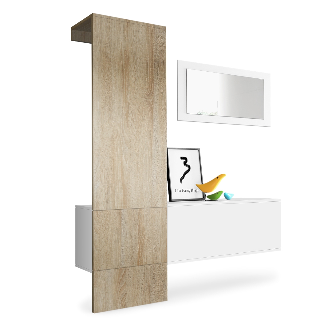 Garderobe Carlton Set 4 Weiß 3-tlg. 1 Paneel, 1 Schrankmodul und 1 Wandspiegel Weiß matt/Eiche sägerau (156 x 193 x 35 cm)