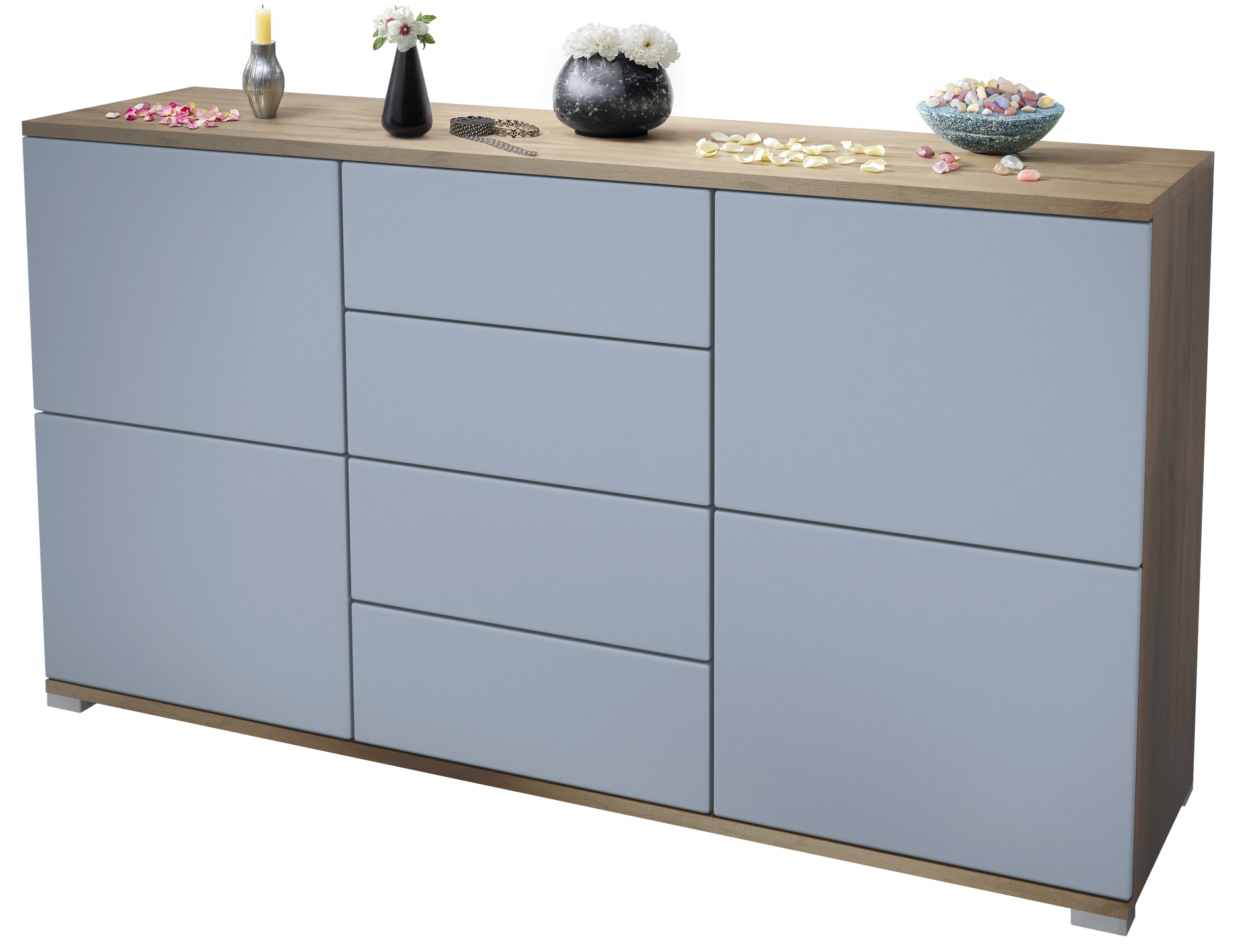 Sideboard Rova V1 4 Schubladen, Made in Germany, Eiche Evoke/Denim matt (138,5 x 75,5 x 35)