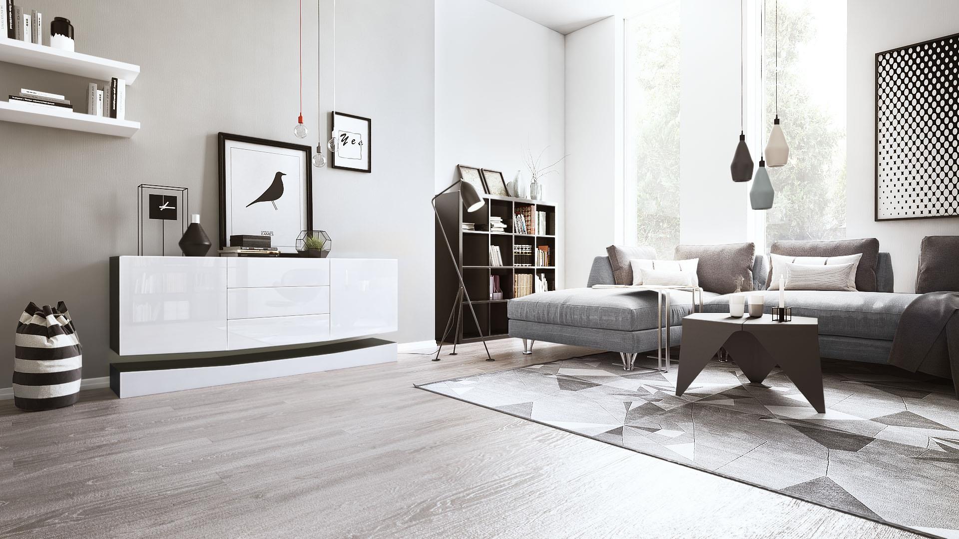Sideboard City  mit 2 Türen und 3 Schubladen Schwarz matt/Weiß Hochglanz (178 x 72 x 38 cm)