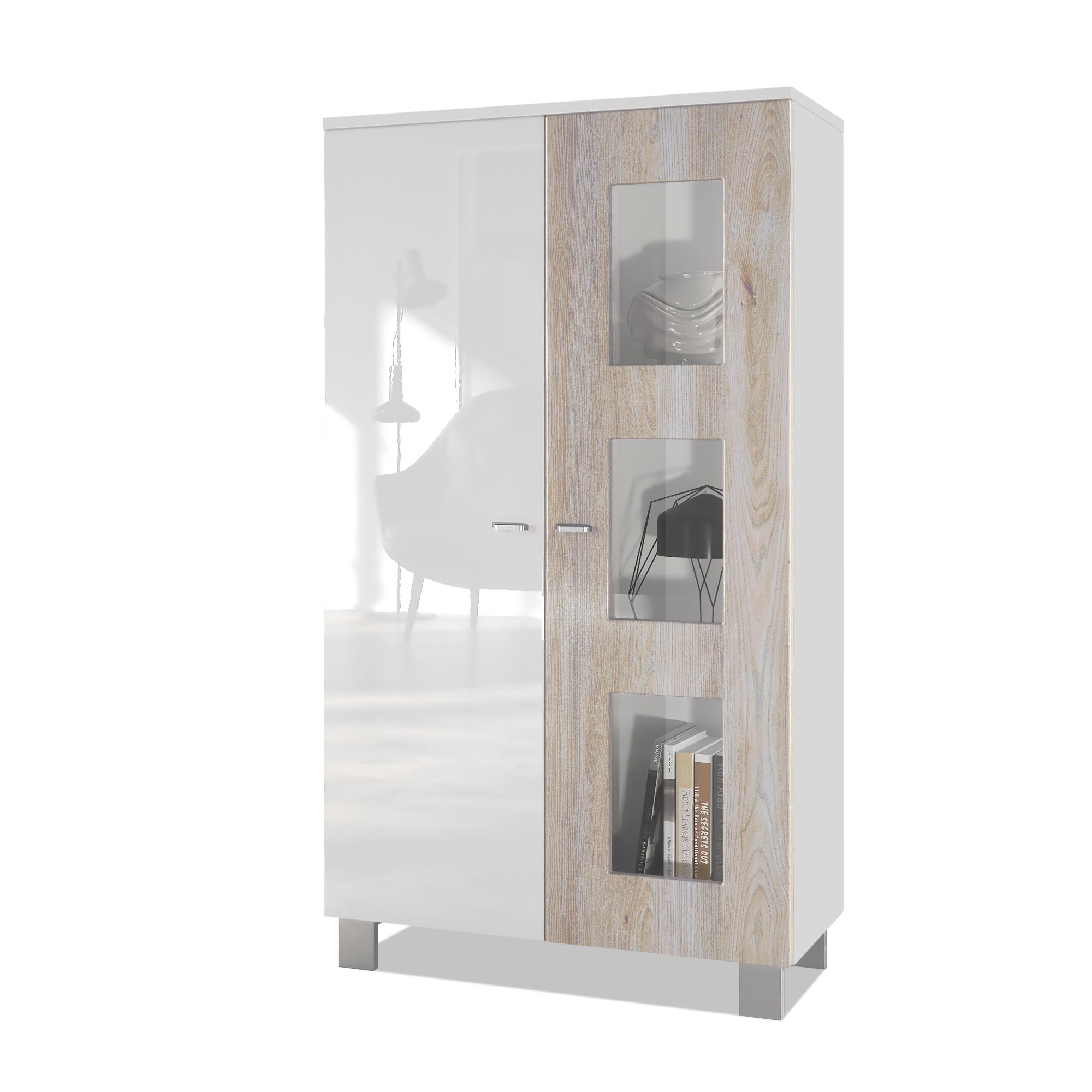 Vitrine Denjo  mit 2 Türen und 3 Glaseinsätzen Weiß matt/ Weiß Hochglanz/ Eiche Nordic (71 x 129 x 35 cm)