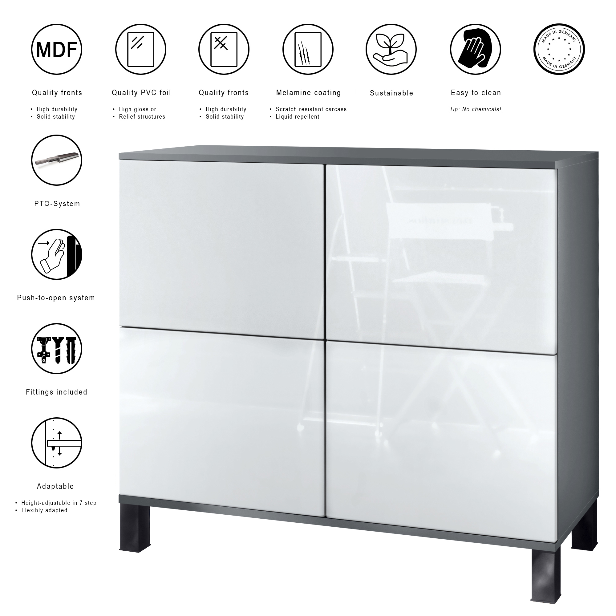 Rova V3 Kommode Anthrazit mit 4 Push-to-Open Türen Anthrazit matt / Beton Oxid Optik (92,5 x 84.5 x 35)