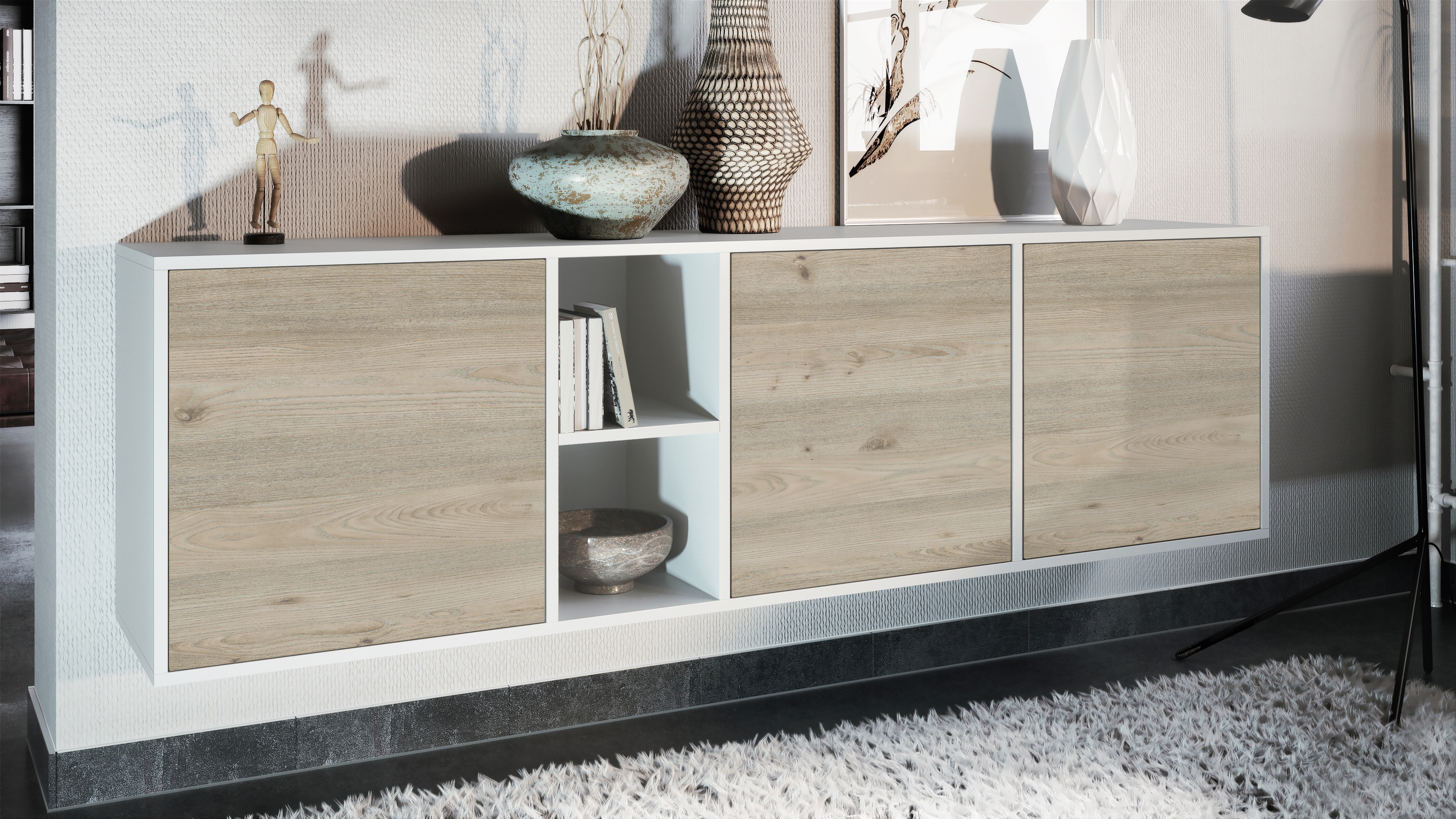 Sideboard Cuba mit 3 Türen und 2 offene Fächer Weiß matt/Eiche Nordic (182 x 53 x 35 cm) Sideboard Cuba mit 3 Türen und 2 offene Fächer Weiß matt/Eiche Nordic (182 x 53 x 35 cm)