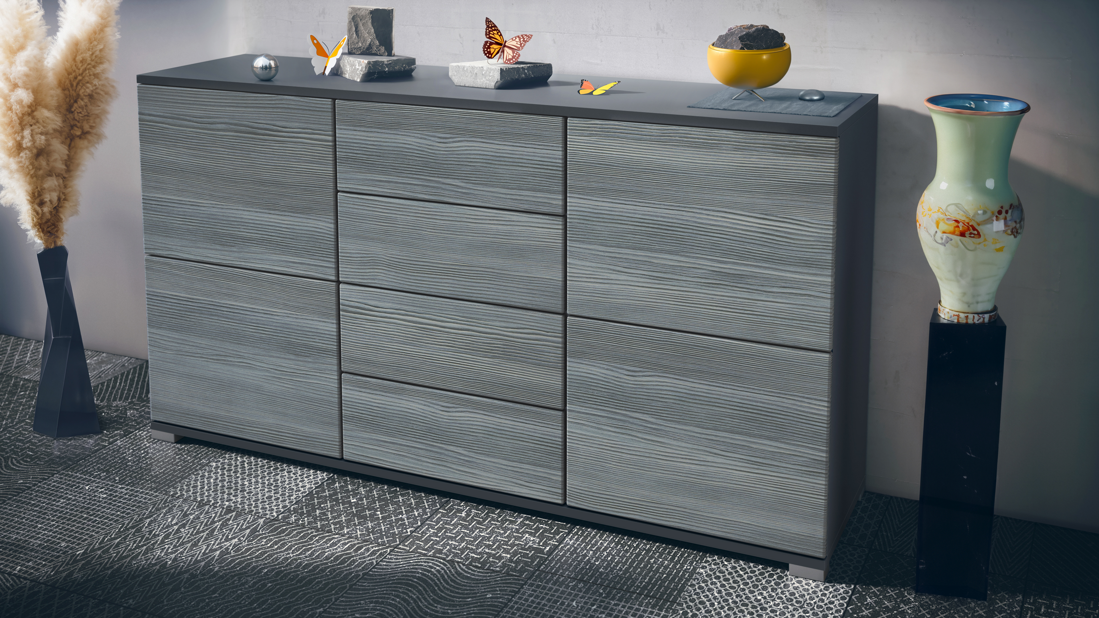 Sideboard Rova V1 4 Schubladen, Made in Germany, Anthrazit matt/Avola-Anthrazit (138,5 x 75,5 x 35)