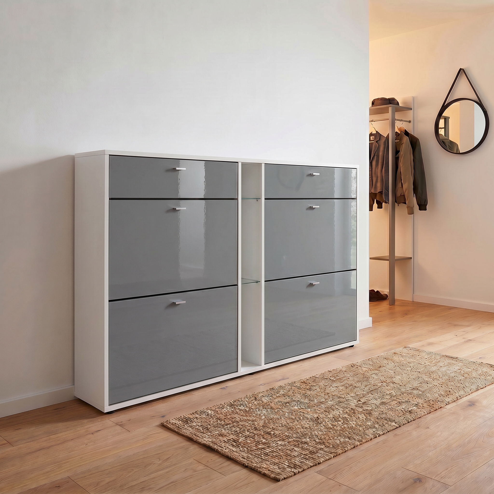 Today Schuhschrank 2 Schubladen und 3 offene Fächer | Fronten in Grau Hochglanz | ohne LED Beleuchtung | ohne LED Beleuchtung