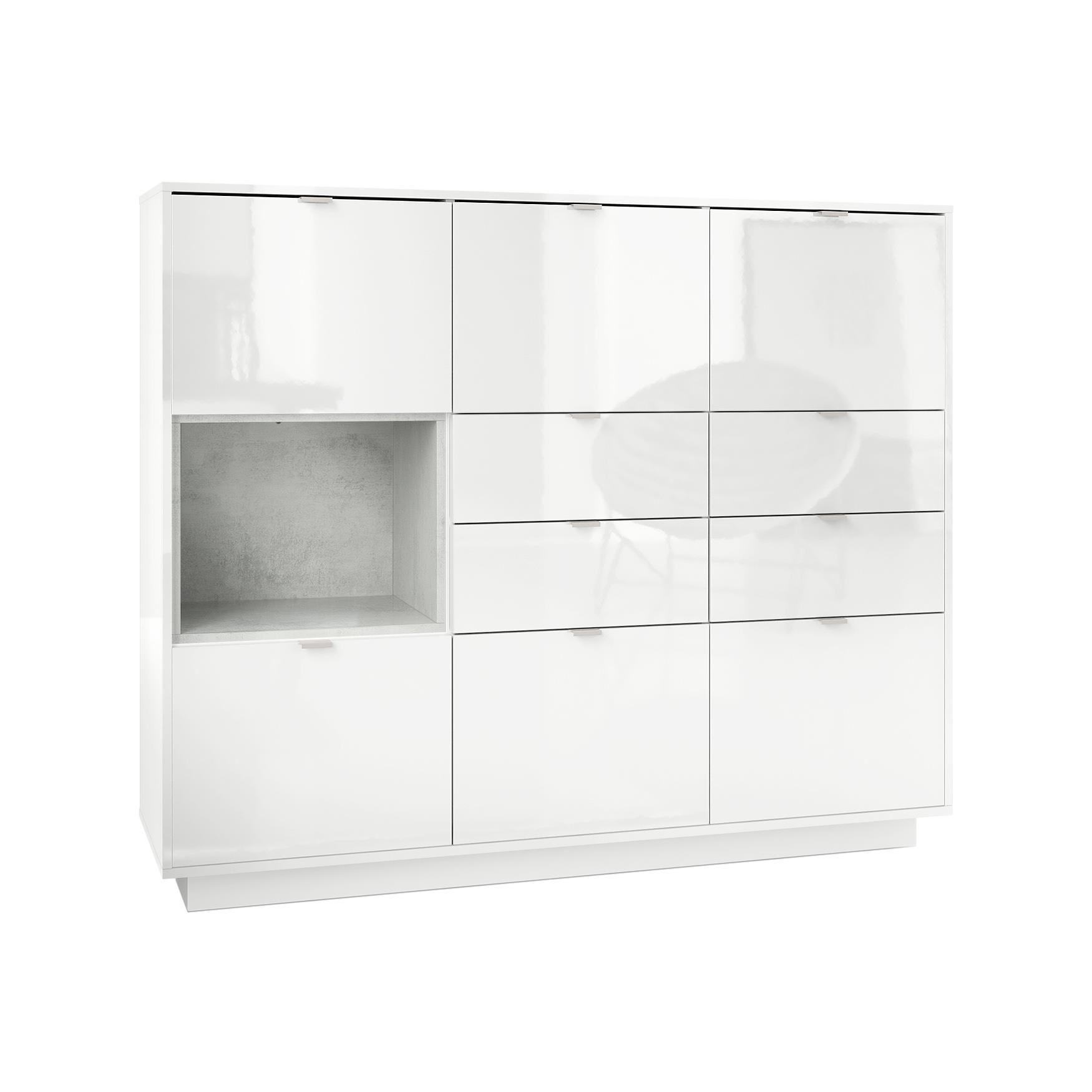 Highboard Metro V2  mit 6 Türen, 4 Schubladen und 1 offenem Fach Weiß Hochglanz/Beton Oxid Optik (153 x 123 x 38 cm)