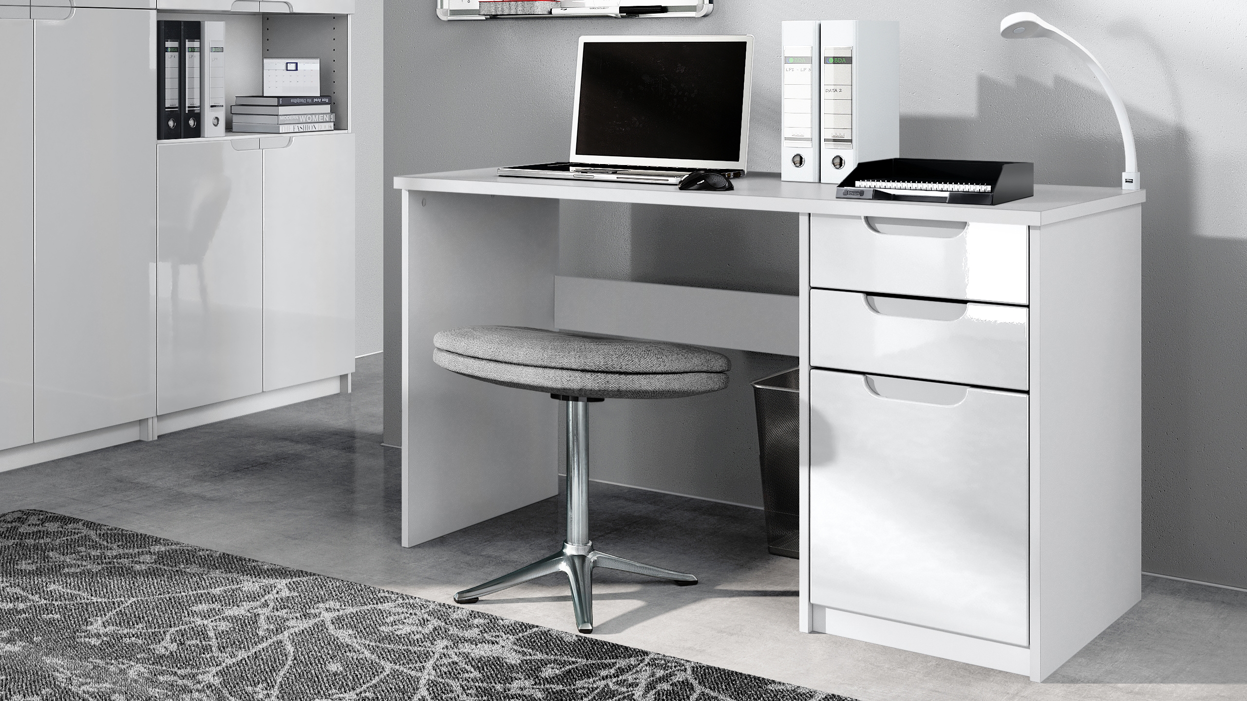Büromöbel-Set Paris mit 1 Schreibtisch und 1 Druckerkommode Weiß matt / Weiß Hochglanz