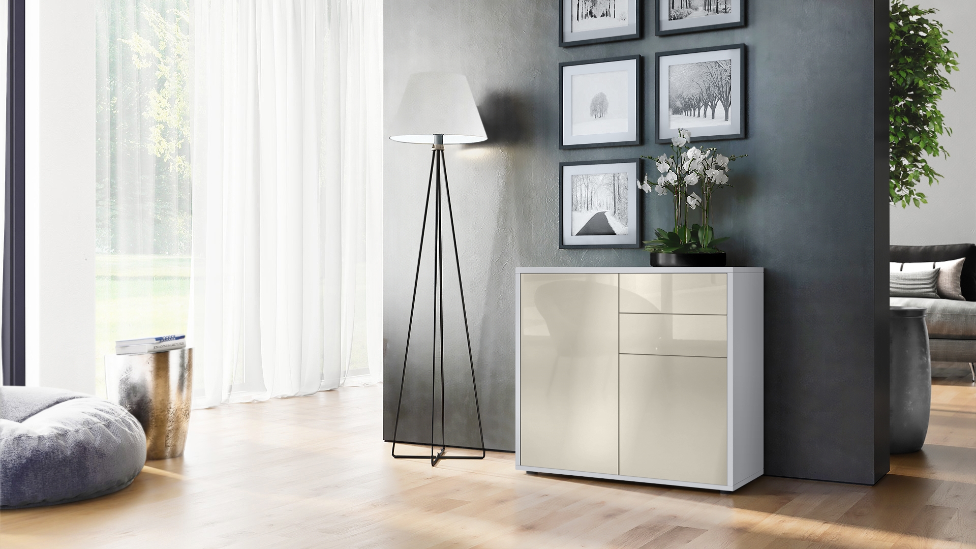 Kommode Ben  mit 2 Türen und 2 Schubladen Weiß matt/Creme Hochglanz (79 x 74 x 36 cm)