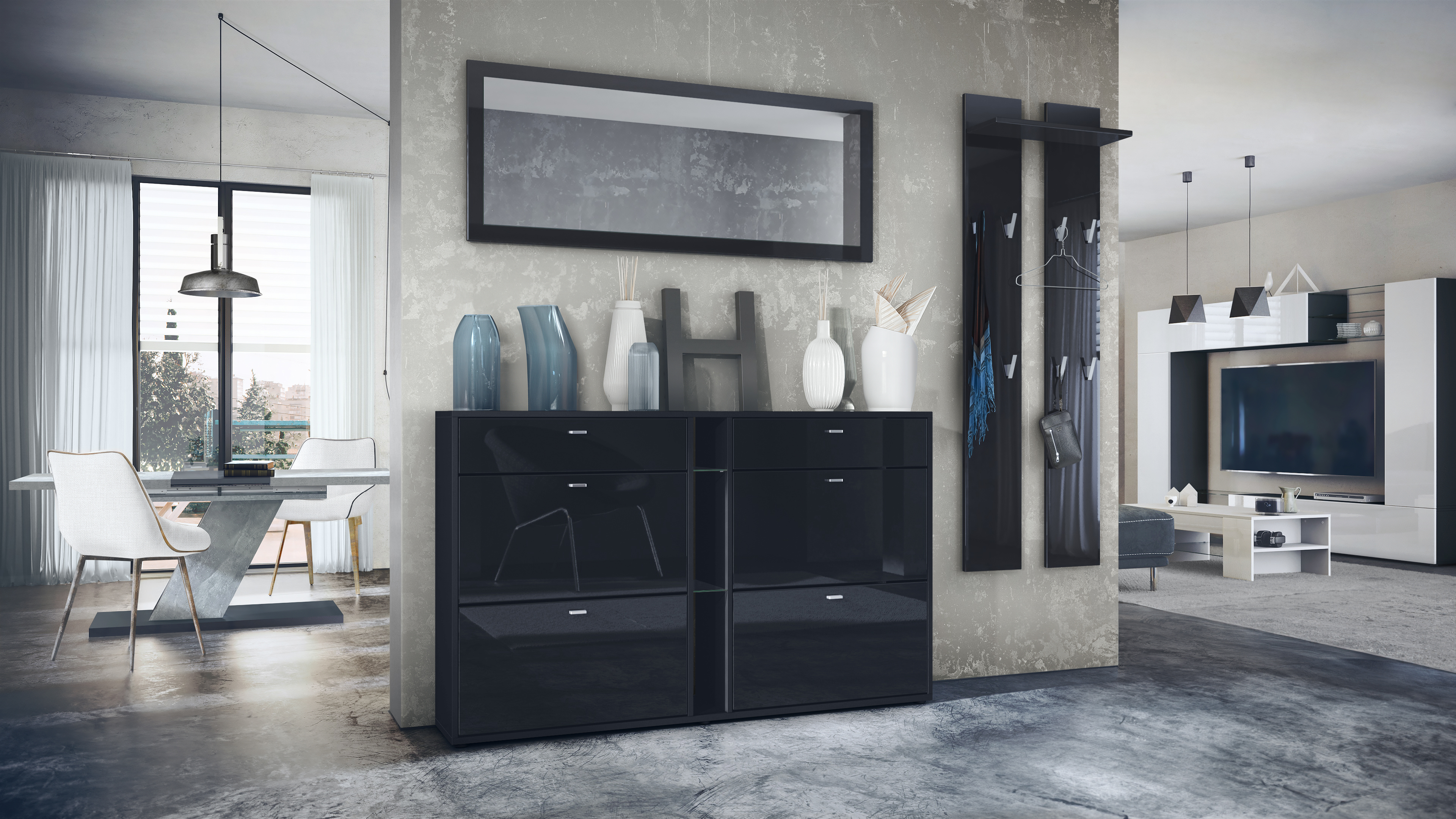 Garderobenset 3-tlg. Orlando mit Schuhschrank, Wandpaneel und Wandspiegel Schwarz matt/Schwarz Hochglanz