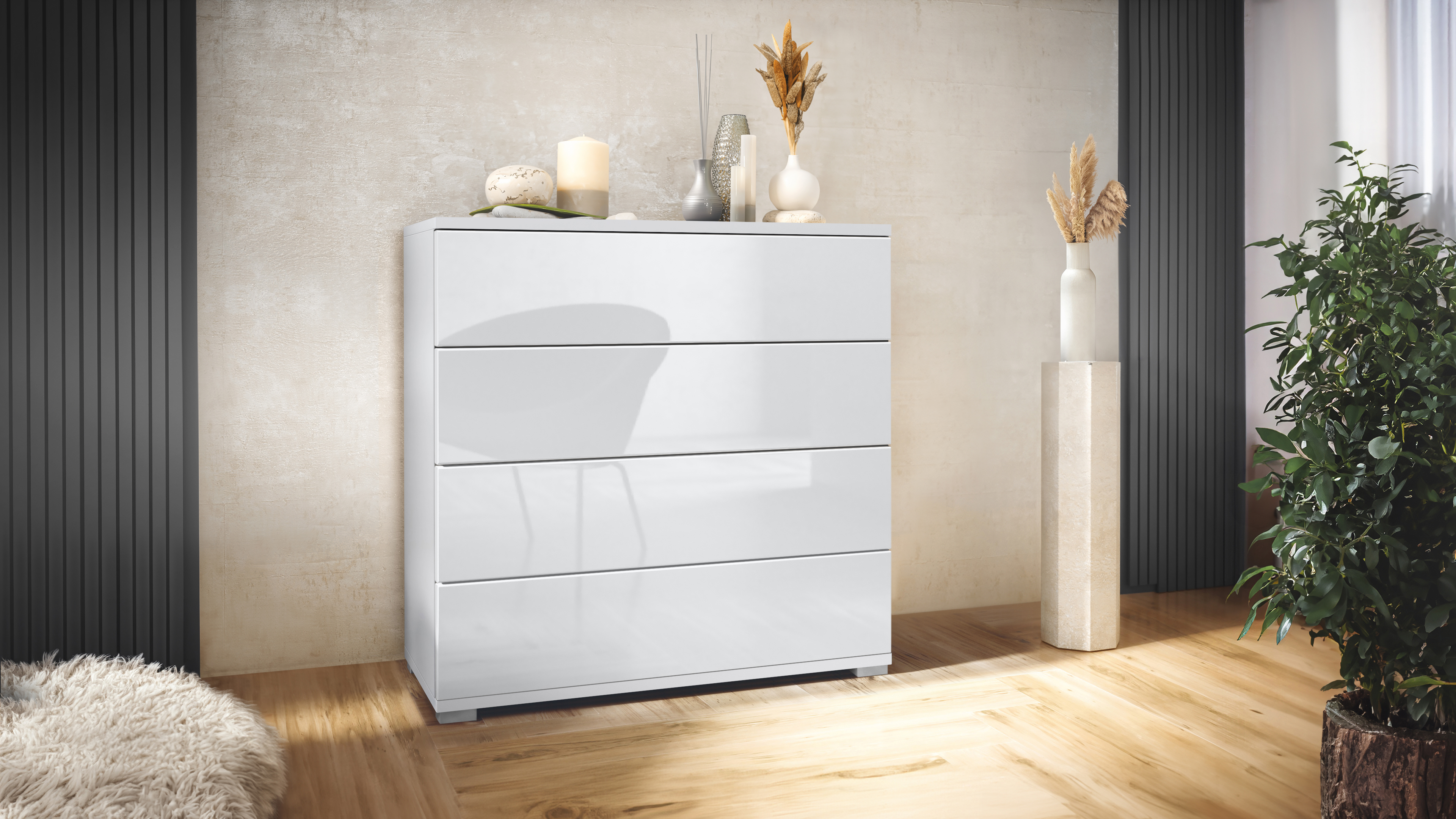 Kommode Pavos V3 Weiß mit 4 Schubladen Weiß matt/Weiß Hochglanz (76 x 76 x 35 cm)